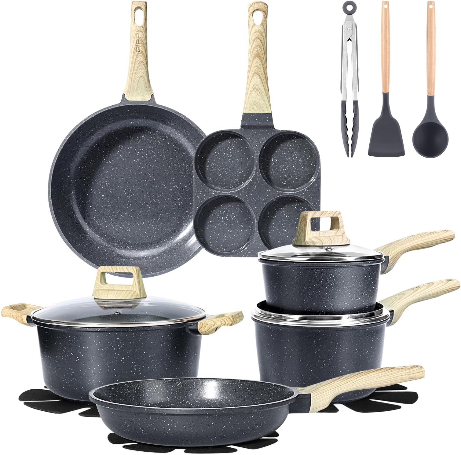 GiPP Ceramic Coating Pots and Pans Set Non Stick - 17Pcs Nonstick Cookware Set, Non-toxic Healthy Kitchen Cooking Set w/Frying Pans Set, Dishwasher Safe, PFAS PTFE PFOA PFOS Free (Grey)
