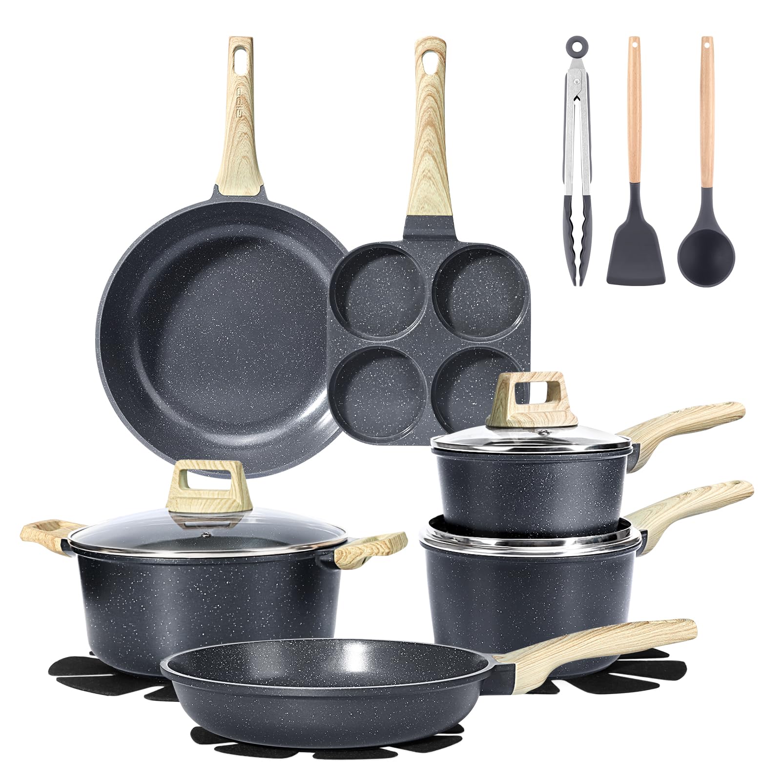 GiPP 17 PCS Set Di Pentole Da Cucina Da Con Coperchi, Pentole E Padelle Antiaderenti In Ceramica, Set Di Pentole Per Piani Cottura A Induzione, Compatibili Con Tutti I Piani Cottura, Grigio