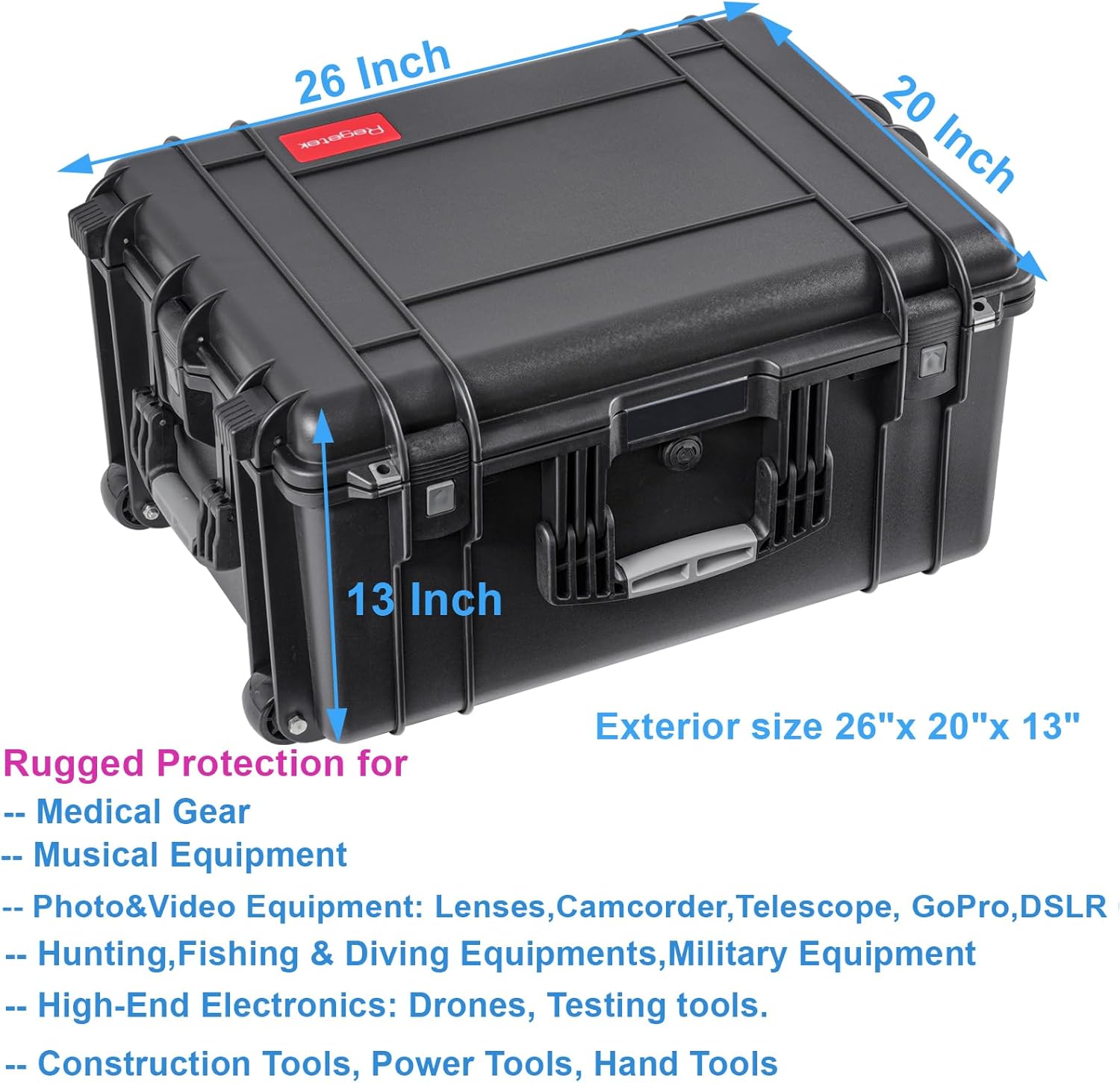 Rolling Hard Case with Foam,26 x 20 x 13 Inch, Equipment Case with Wheels and 4 Handles for camera, Drone,tool, electronics,Shockproof, Waterproof, TSA Friendly, Inner 22.64"X 16.73"X9.84" - Image 2