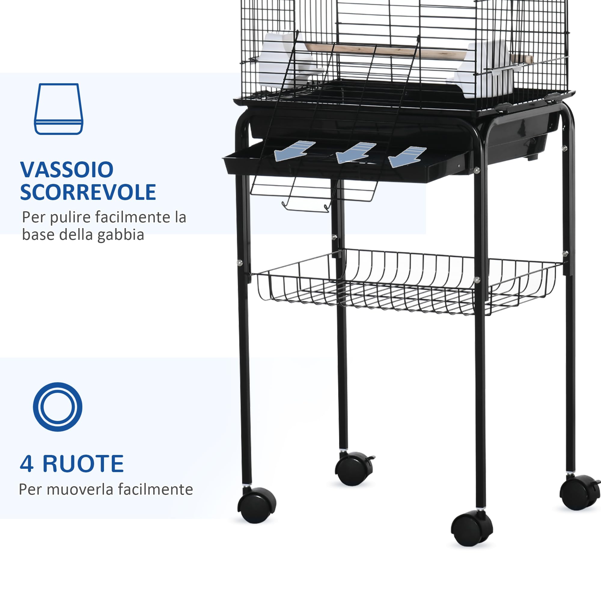 PawHut Gabbia per Uccelli con 3 Posatoi, 2 Ciotole e 2 Porte Laterali, Gabbia per Animali in Acciaio, PP e Legno, 46x36x130 cm, Nera