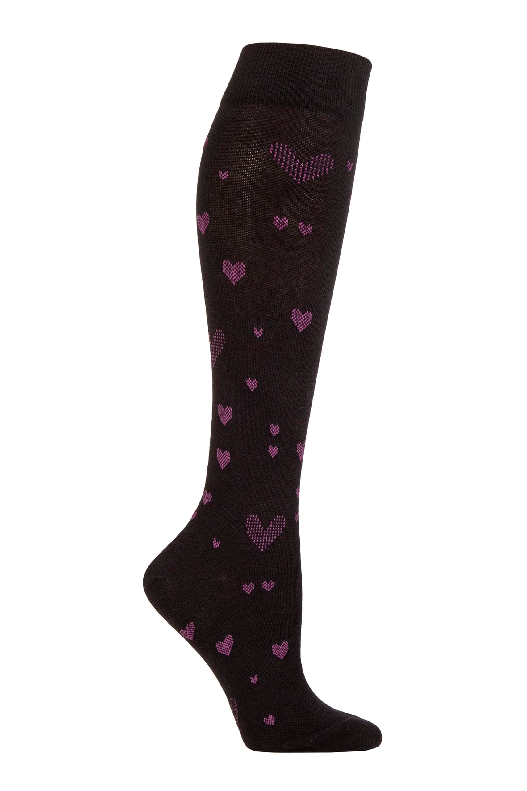 IOMI SOCKSHOP Ladies Footnurse Patterned Cotton Flight and Travel Compression Socks with Smooth Toe Seams, Relieves Poor Circulation, Aching, Swollen Feet and Ankles Pack of 1 Black/Pink Hearts 4-7