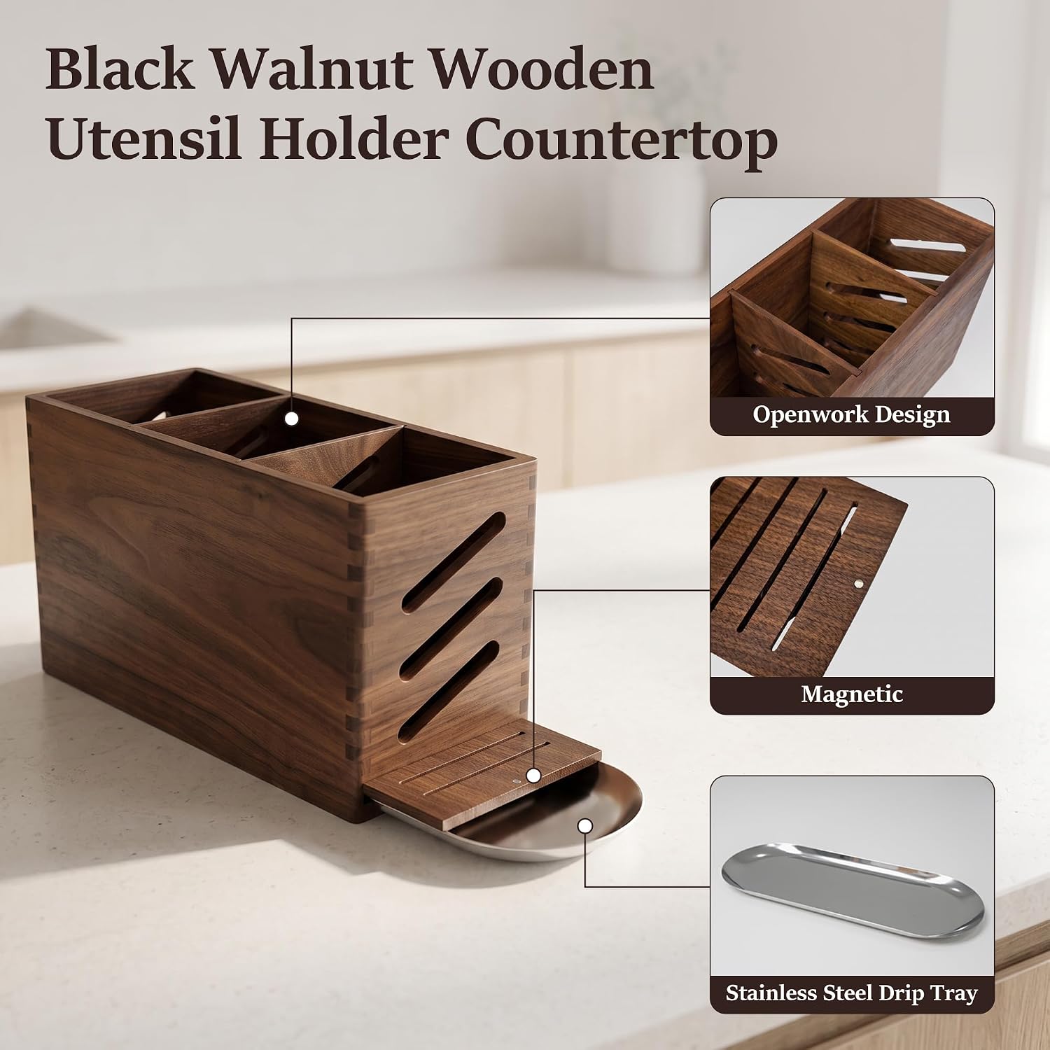 Wooden Kitchen Utensil Holder, Black Walnut Utensil Holder for Countertop