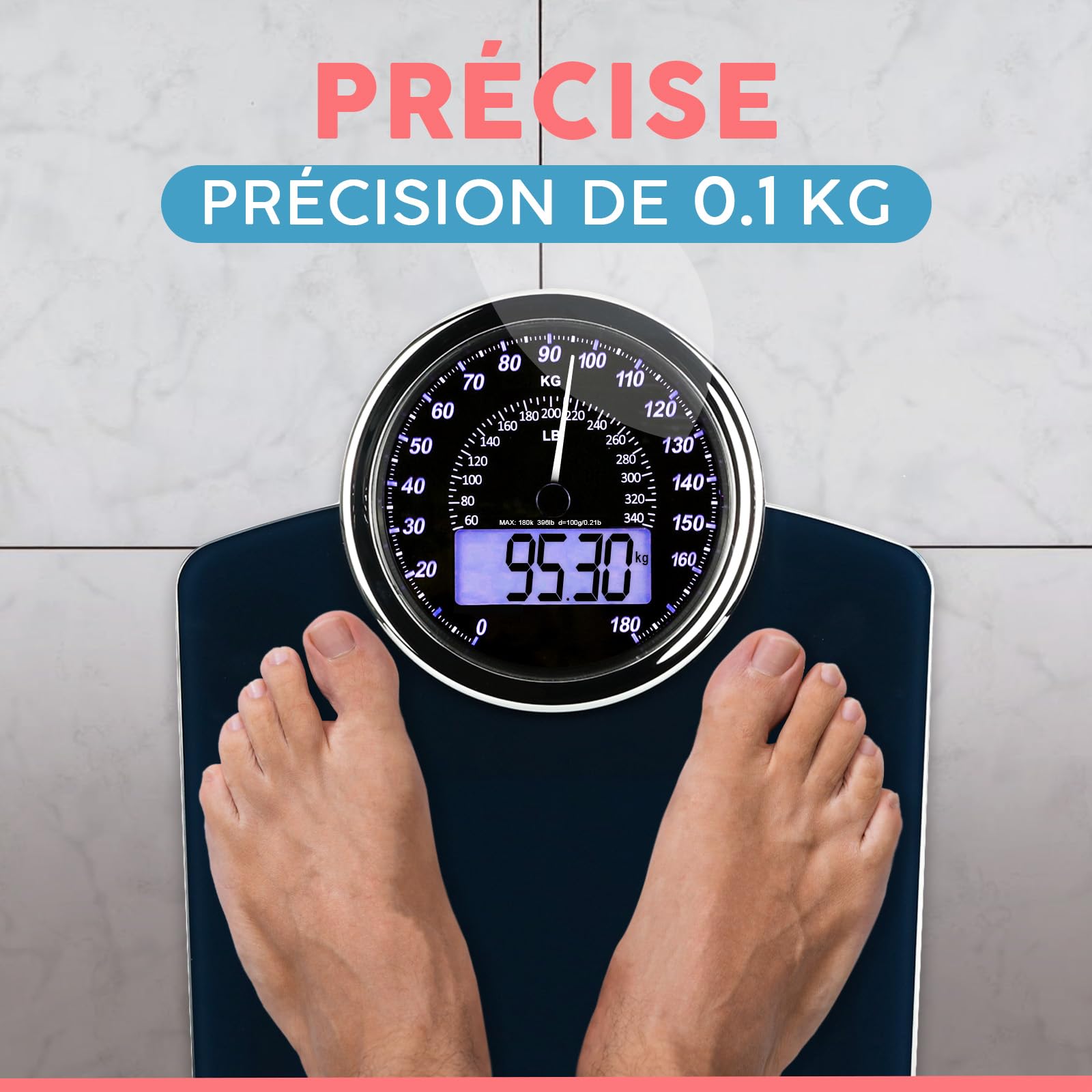 Hybrid Pèse-Personne - Analogique & Digital, Précis jusqu'à 180 kg | Lisez votre poids sur cadran analogique et LCD en même temps. Large plateau, 3 piles AAA incluses, prêt à l'emploi.