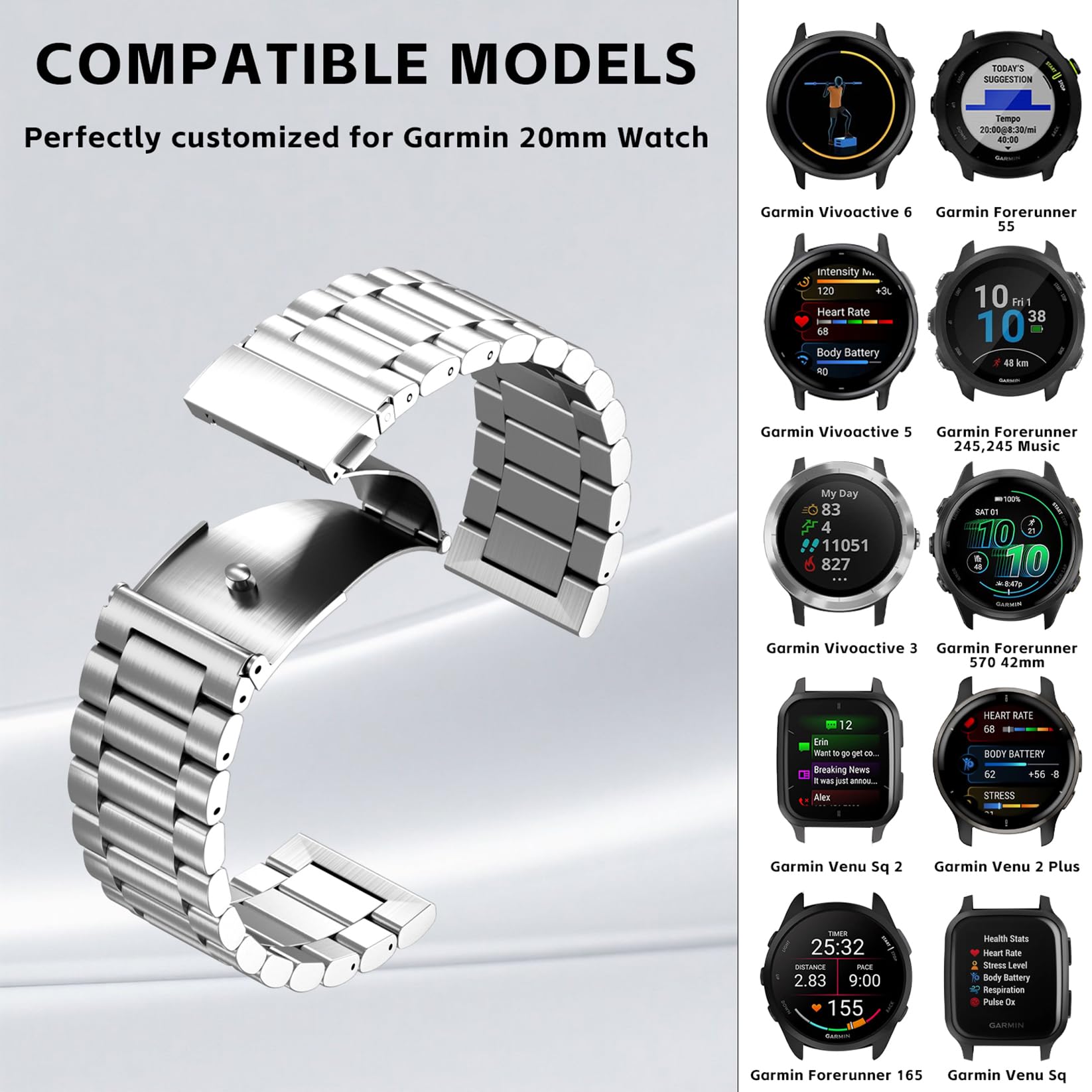 Bransoletka kompatybilna z Garmin Vivoactive 5 / Forerunner 245/645/55,20 mm, stal nierdzewna, metalowy pasek zamienny do Venu Sq/2 Plus, dla mężczyzn i kobiet