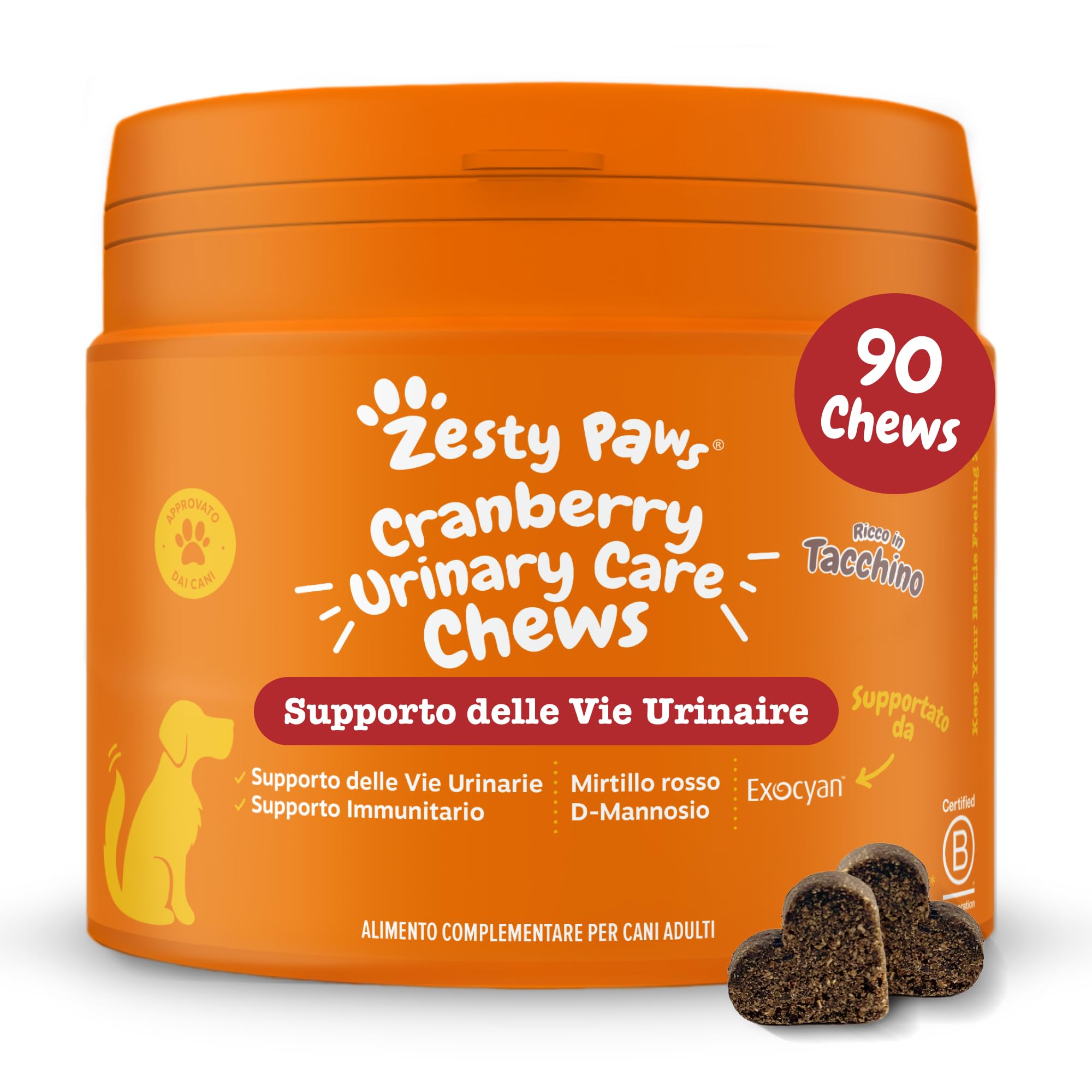 Zesty Paws Cranberry Urinary Care | Supporto delle Vie Urinarie | Integratori per Cani | D-mannosio, vitamina B6 e Exocyan | Alimento Complementare per Cani Adulti | Gusto Tacchino | 90 Pezzi