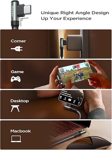 Miniatura 3 de AINOPE Cable duradero USBC a USBC de carga rápida en ángulo recto 100 W 2 unidades de 10 pies negro, cable de carga rápida para iPhone 15 Pro Max