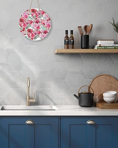 Miniatura 5 de Seasonal Front Door Welcome Sign, Valentine's Day Red Pink Rose Flower Green Leaves Round Wood Wreaths Wall Hanging Sign for Outdoor Porch Wall