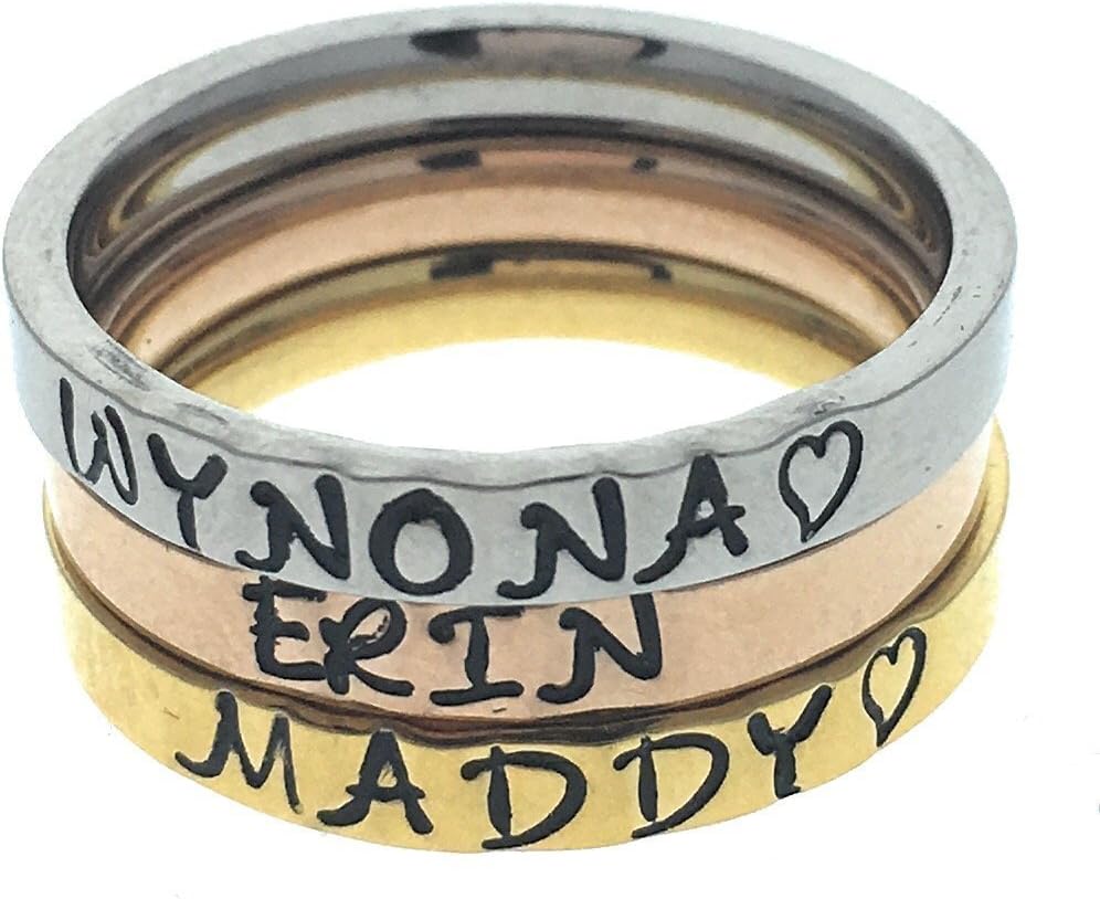 Tri Color Stacking Rings, Name Ring, Personalized Stackable Ring, Hand Stamped Ring
