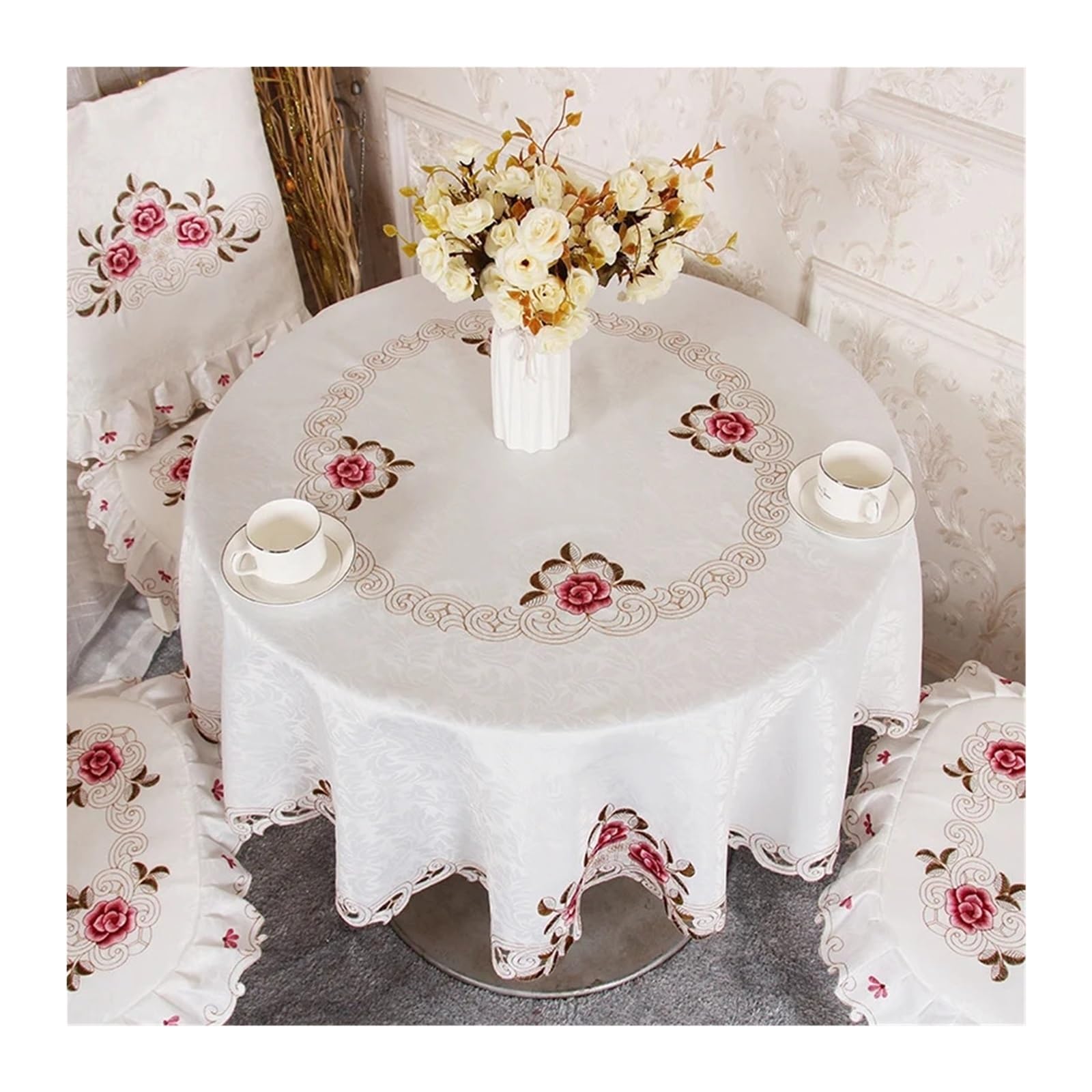 SHENJMAI Vintage Lace Table Round Table Cloth Tablecloths White Household Lace Tablecloth Dining Cover Embroidered Flower Home(Color1,Diameter 175cm)