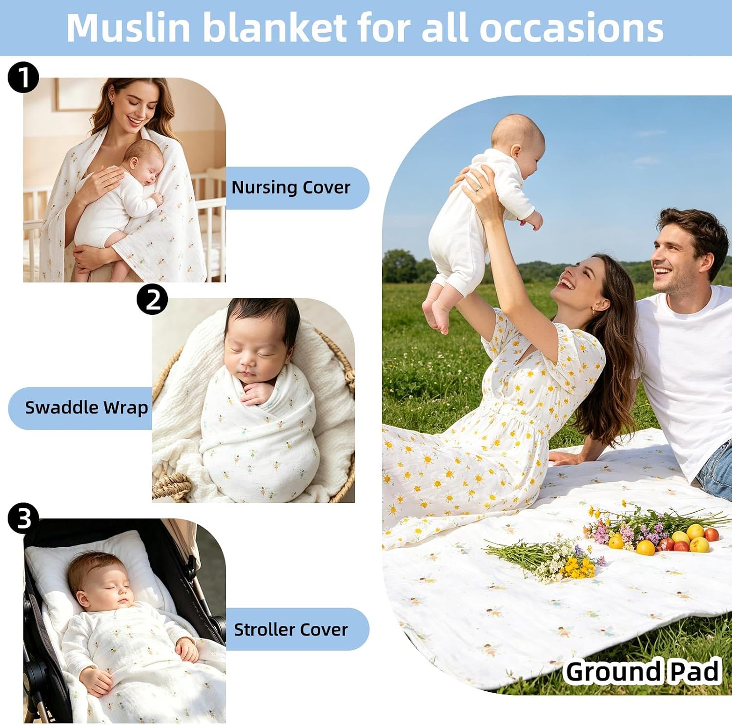LifeTree 3 Packs Baby Swaddle Blankets, Newborn Muslin Swaddling Wrap Receiving Blanket for Boys & Girls, 70% Viscose from Bamboo and 30% Cotton, Large 47" x 47", Blue Sea Turtle