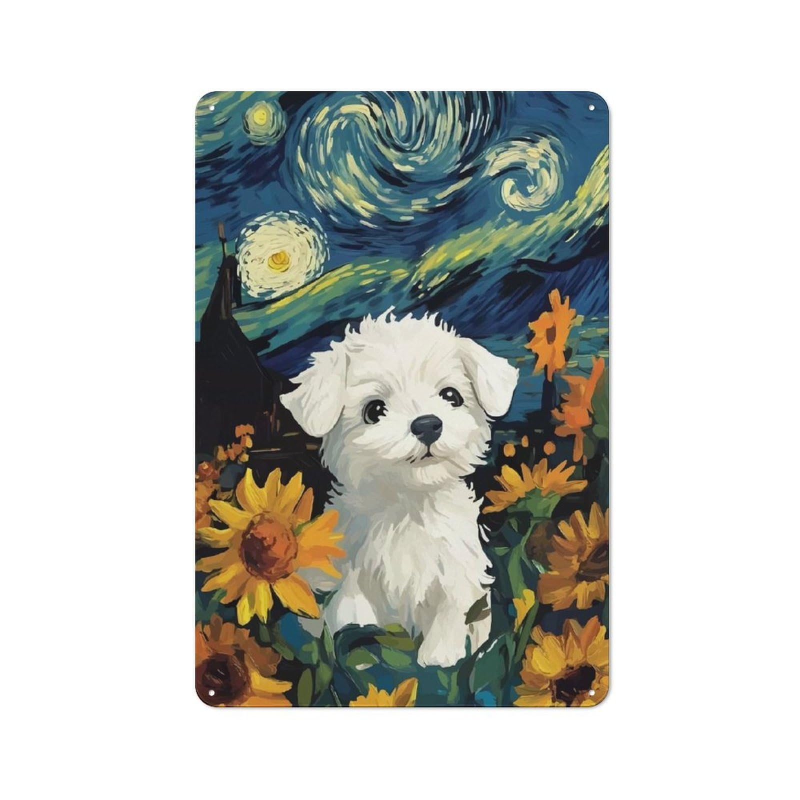 Tin Sign 30x20cm with Dog in Starry Night Style for Pub Or Café, Rustic Decor, Wall Decoration for A Recently Updated Pub And Café