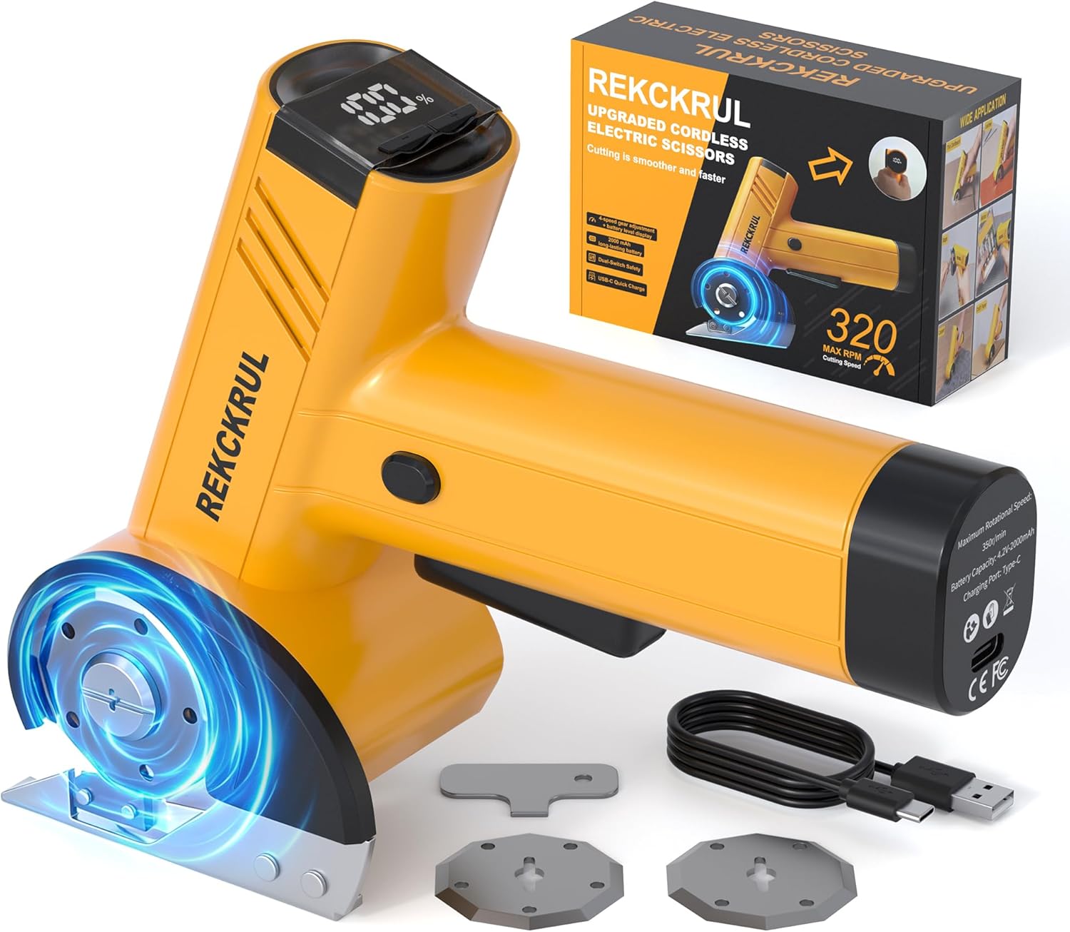 Electric Scissors – 4V Cordless Cardboard Cutter with 2000mAh Battery, 3 Blades, LED Light & Safety Lock | Electric Box Cutter for Fabric, Leather, Carpet, Plastic