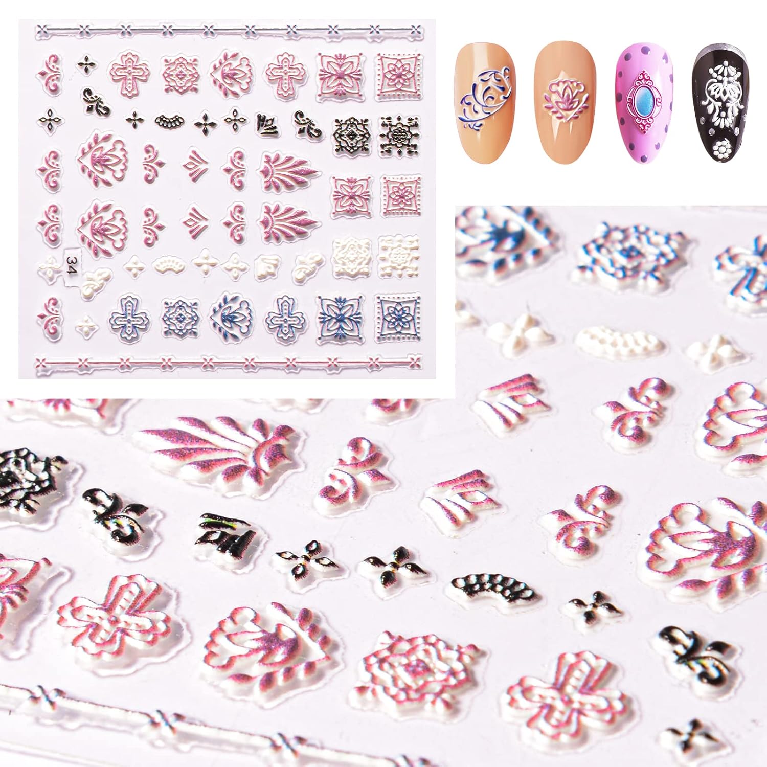 CGBE 5D Embossed Flowers Nail Stickers for Acrylic Nails, 4 Sheets Engraved Flower Nail Decals Spring Summer Nail Art Accessories French Tips Nail Designs Adhesive Nail Stickers for Women