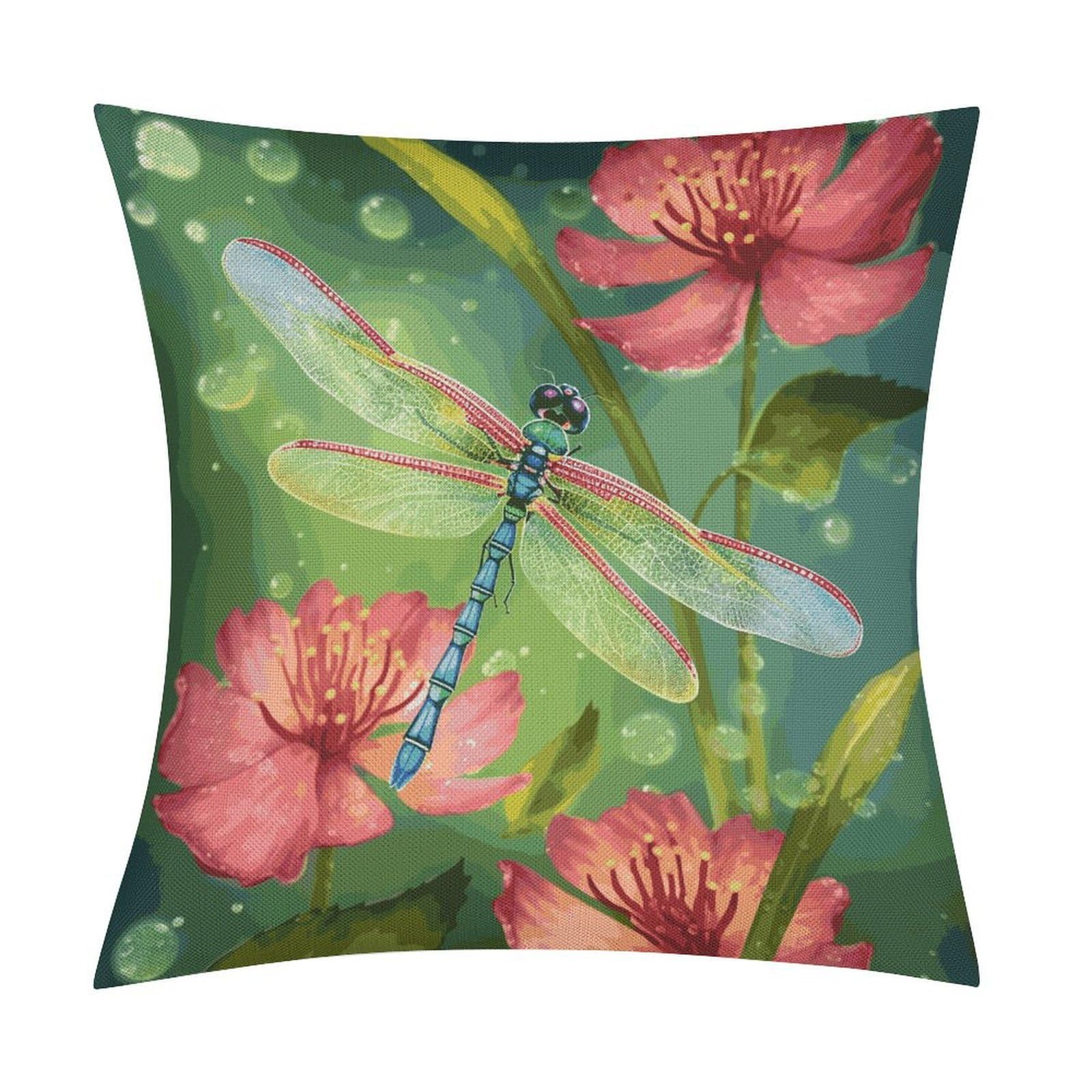 Fodpand Style Dragonflies And Flowers Pillow Covers 18X18 Inch, Pillow Cases Boho Farmhouse, Throw Pillow Covers For Couch Sofa Bed Spring Home Decor
