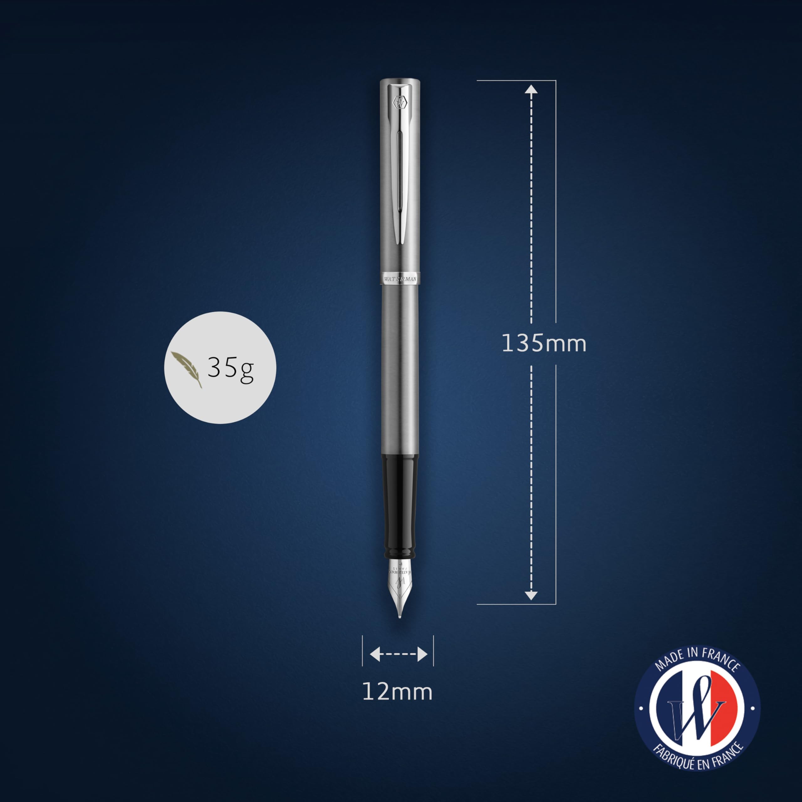 Waterman Impression Fountain Pen | Stainless Steel with Chrome Trim | Fine Nib | Blue Ink | Gift Box - Image 3
