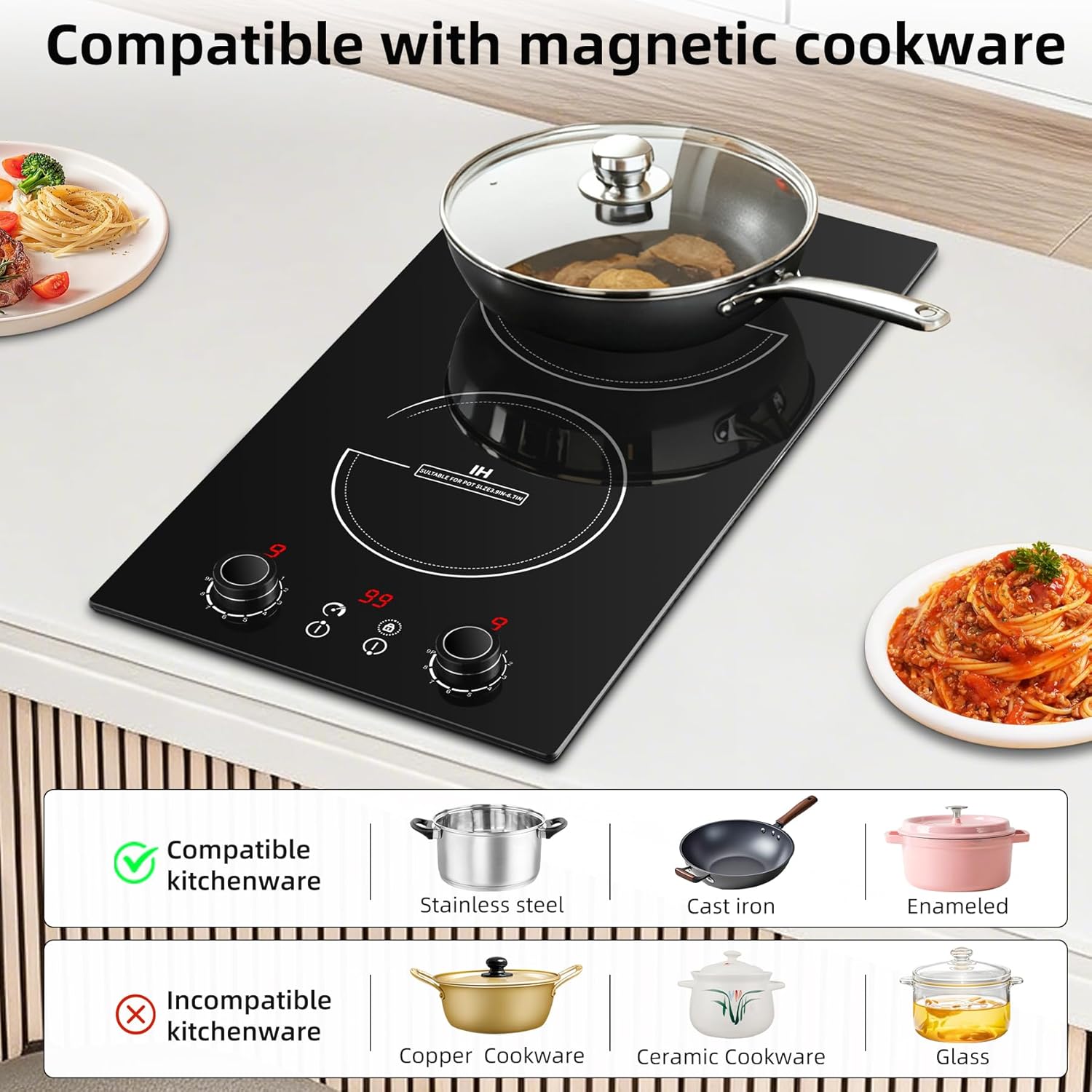 Double Induction Cooktop,110V 2600W 2 burner induction cooktop with hot plat with LED Touch Screen 10 Levels,Child Safety Lock & Timer 110V countertop burners