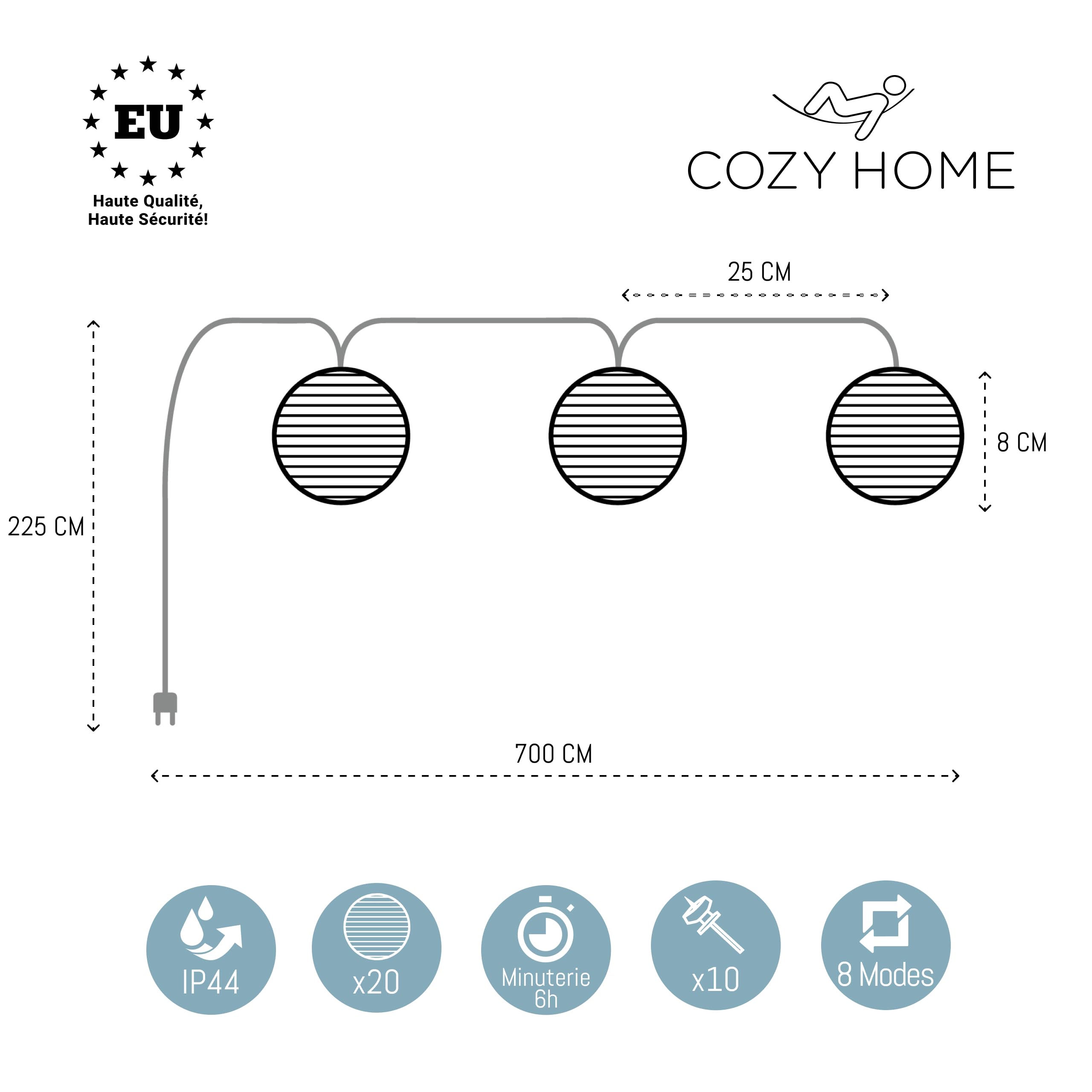 CozyHome Guirlande lumineuse exterieure lampions - 20 lampions LED & 7m I Avec prise I Guirlande lumineuse chambre Guirlandes lumineuses interieur I Fairy lights Girlande noel decoration d'intérieur