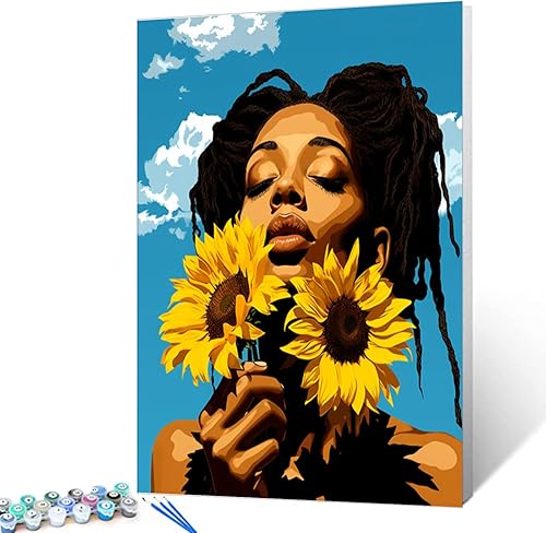 Miniatura 2 de Pintura afroamericana por números para adultos, principiantes, niños, belleza, girasoles, kit de pintura al óleo sobre lienzo con pinceles, pigmento