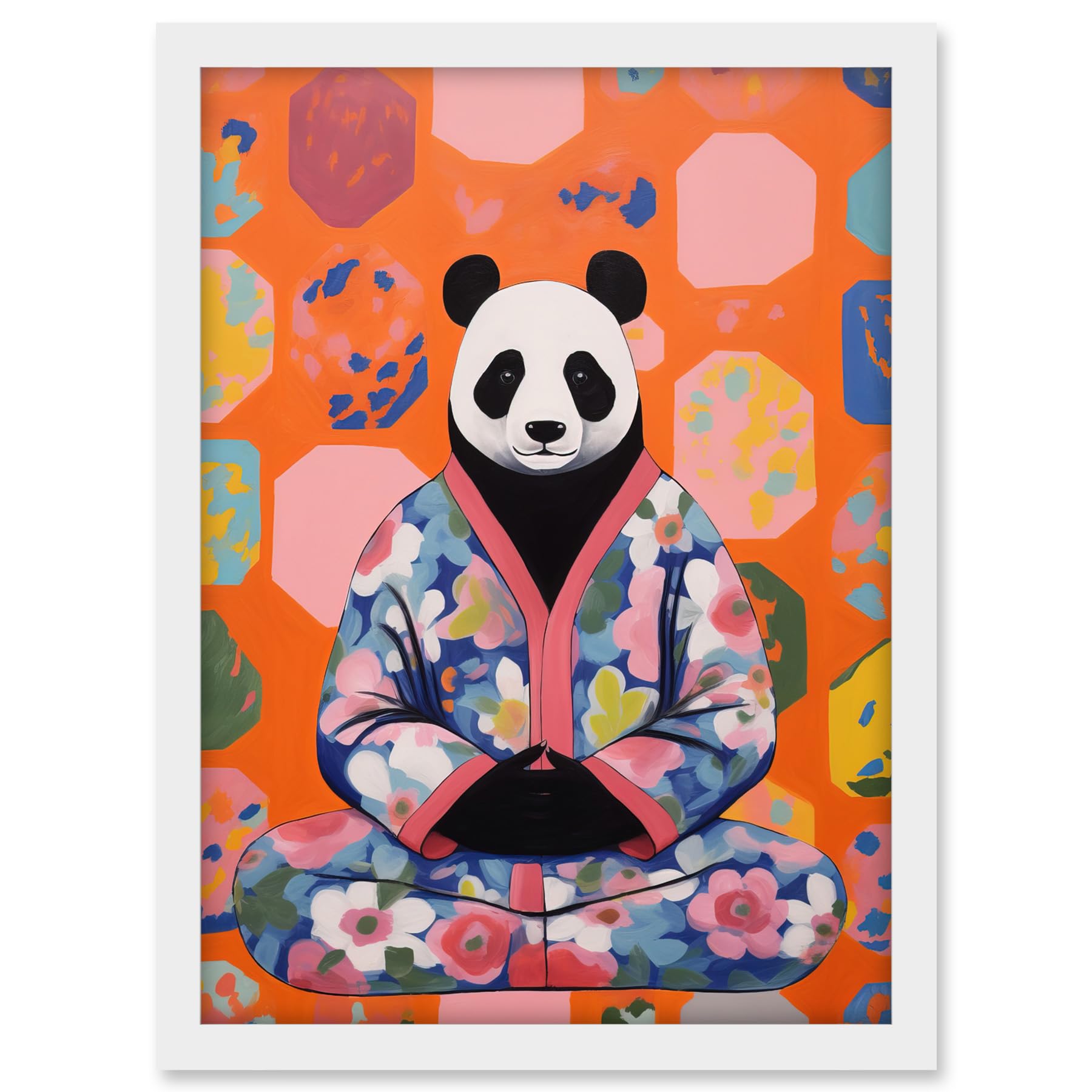 Artery8 Meditating Panda Meditation Yogi in Floral Kimono Conceptual Art Vibrant Bold Colourful Acrylic Painting Artwork Framed A3 Wall Art Print
