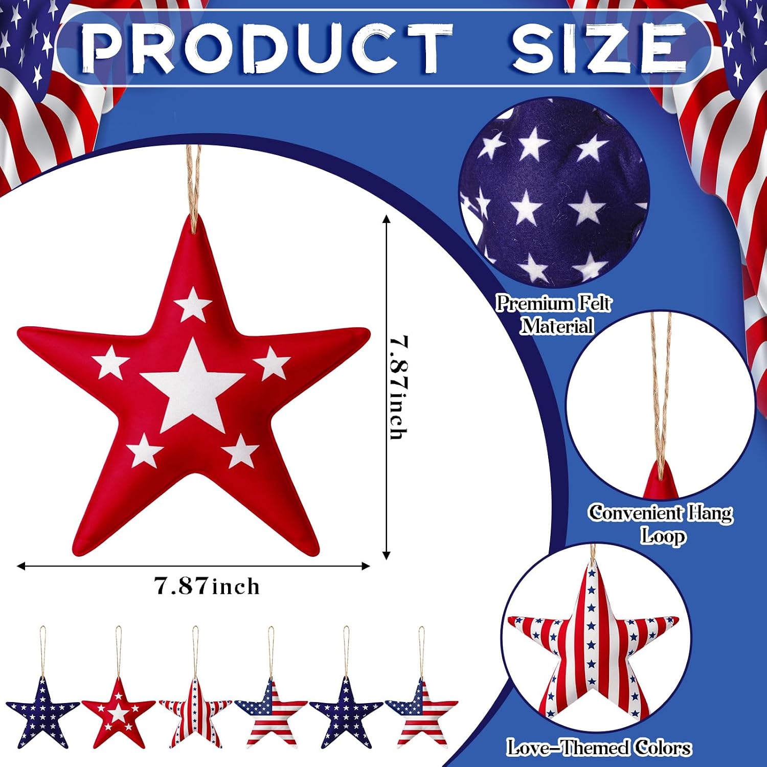 Hahafelt 6 Pcs 4th of July Large Felt Star Ornaments 7.87 Inch Patriotic American Hanging Decoration Red White Blue Felt Crafts for Memorial Day 250th Anniversary Independence Day DIY Decor
