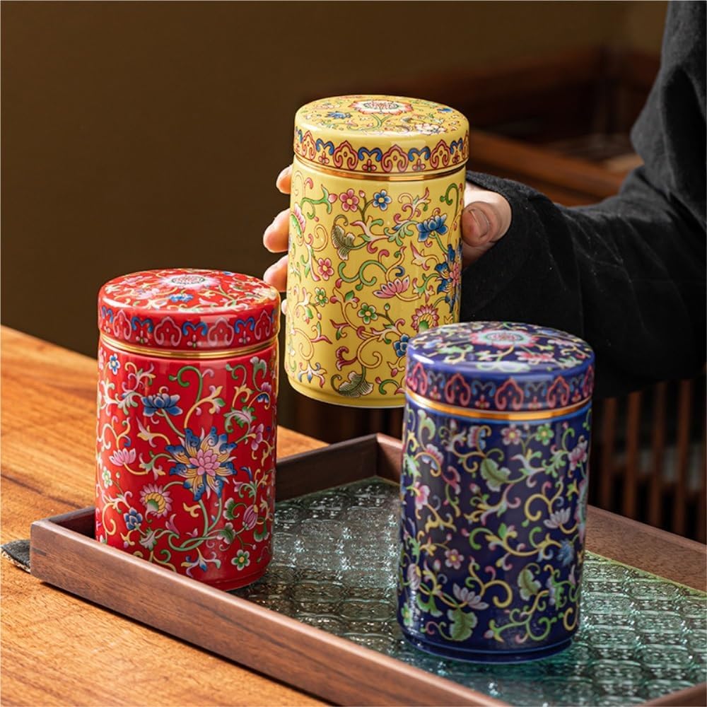 SONGCHAO Sugar Jar Enamel Porcelain Jar Bulk Tea Storage Container Ceramic Sealed Retro Chinese Set Three Jars Gift Box Tea Canister