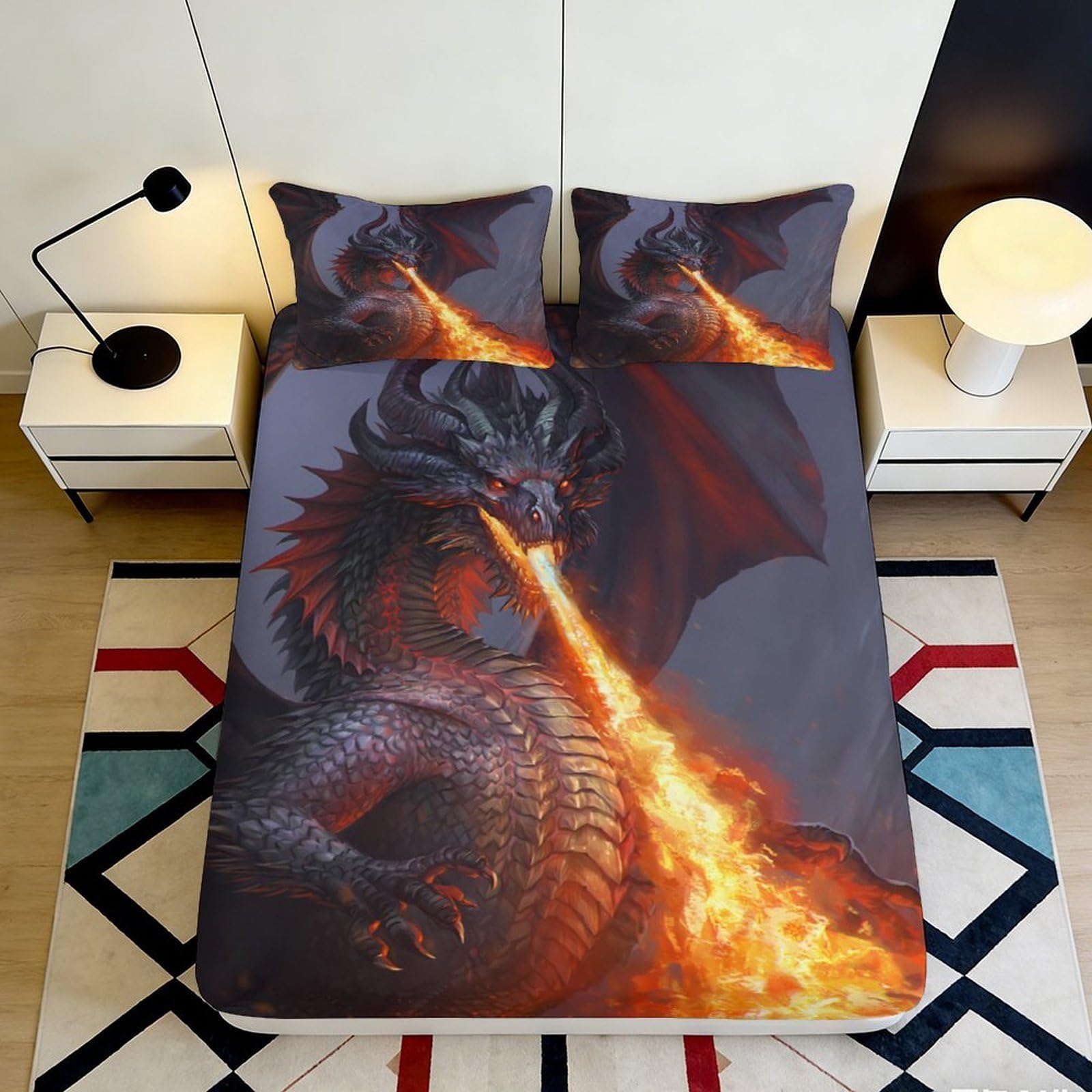3D Printed Dragon Fire Fitted Sheet Microfiber Soft Breathable Fantasy Flames Bed Sheet for Bedroom Dormitory Guest Room Mattress Cover 160x200x25cm