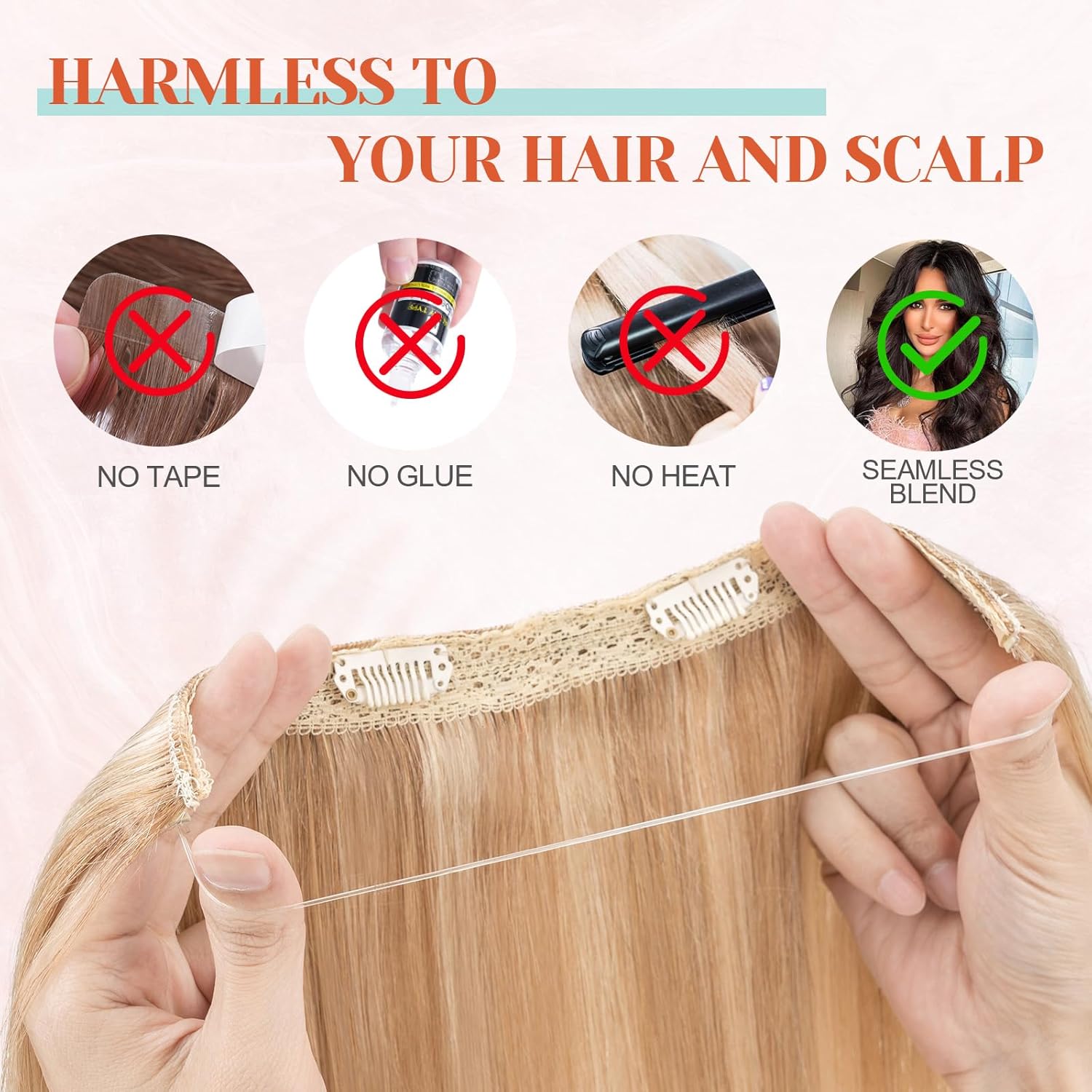 Benehair Halo Blonde Hair Extensions for Women, 100% Human Hair Invisible Wire Hair Extensions for Adding Volume, 12 Inch #18P613 Ash Blonde&Bleach Blonde