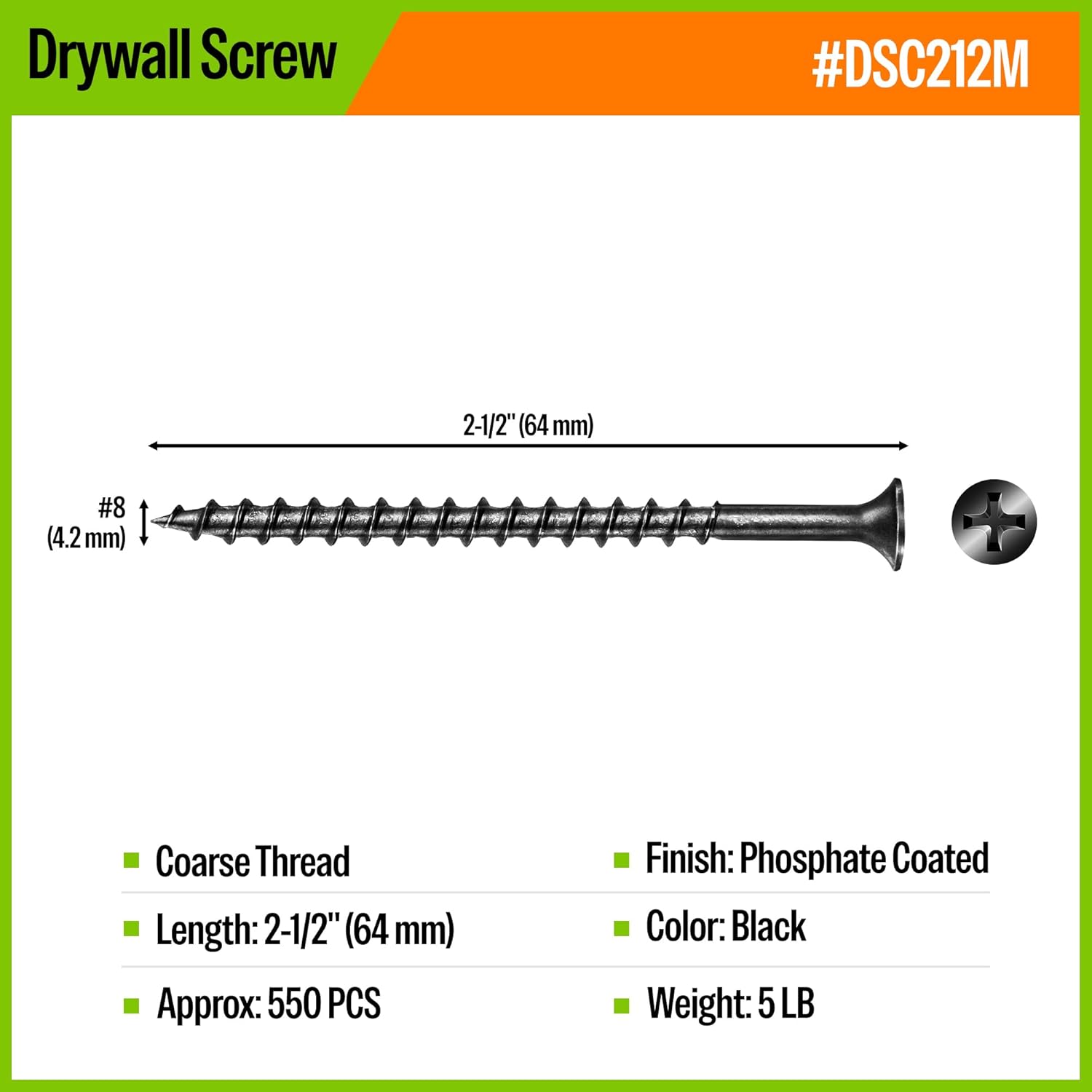 meite Drywall Screws, #8 x 2-1/2" Coarse Thread Wood Screws for Drywall, 550PCS Black Sheetrock Screws, Phosphate Finish Phillips Drive Dry Wall Screws (5 LBS)
