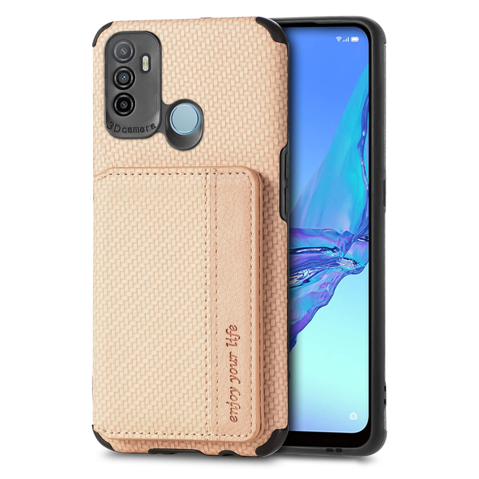 Shinycase Khaki For Oppo A53 Wallet Flip Cover Credit Card Holder Slots Kickstand Shockproof Protection Premium Carbon Fiber Texture Silicone Phone Case Slim Case For Oppo A53,Oppo A32,