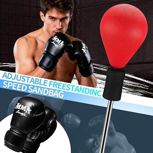 Miniatura 7 de Saco de boxeo con soporte, bolsa refleja con guantes de boxeo, bolsa de boxeo para adolescentes y adultos, altura ajustable, bolsa de velocidad para