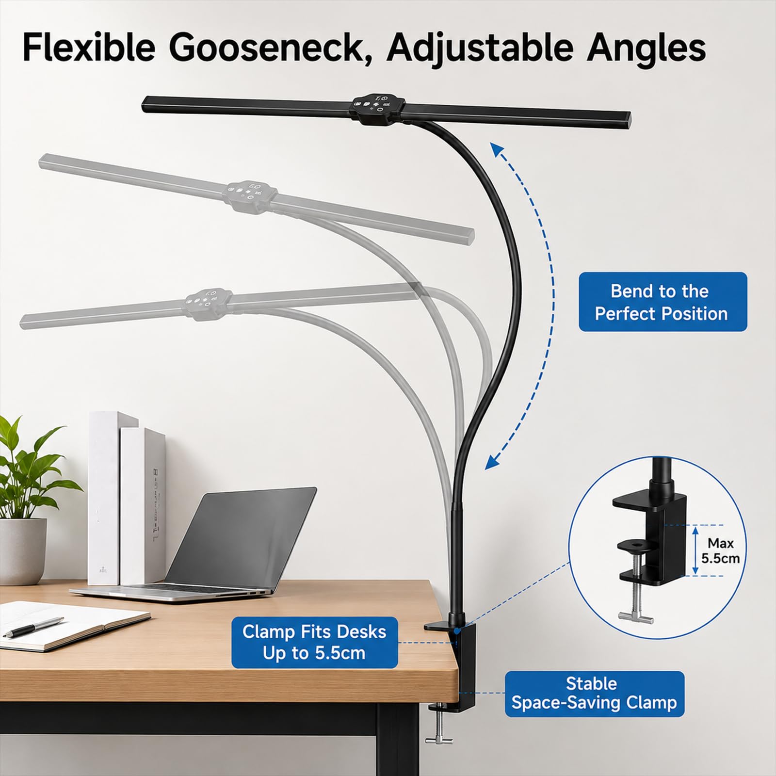 Lampe de bureau LED avec pince, lumière de lecture large
