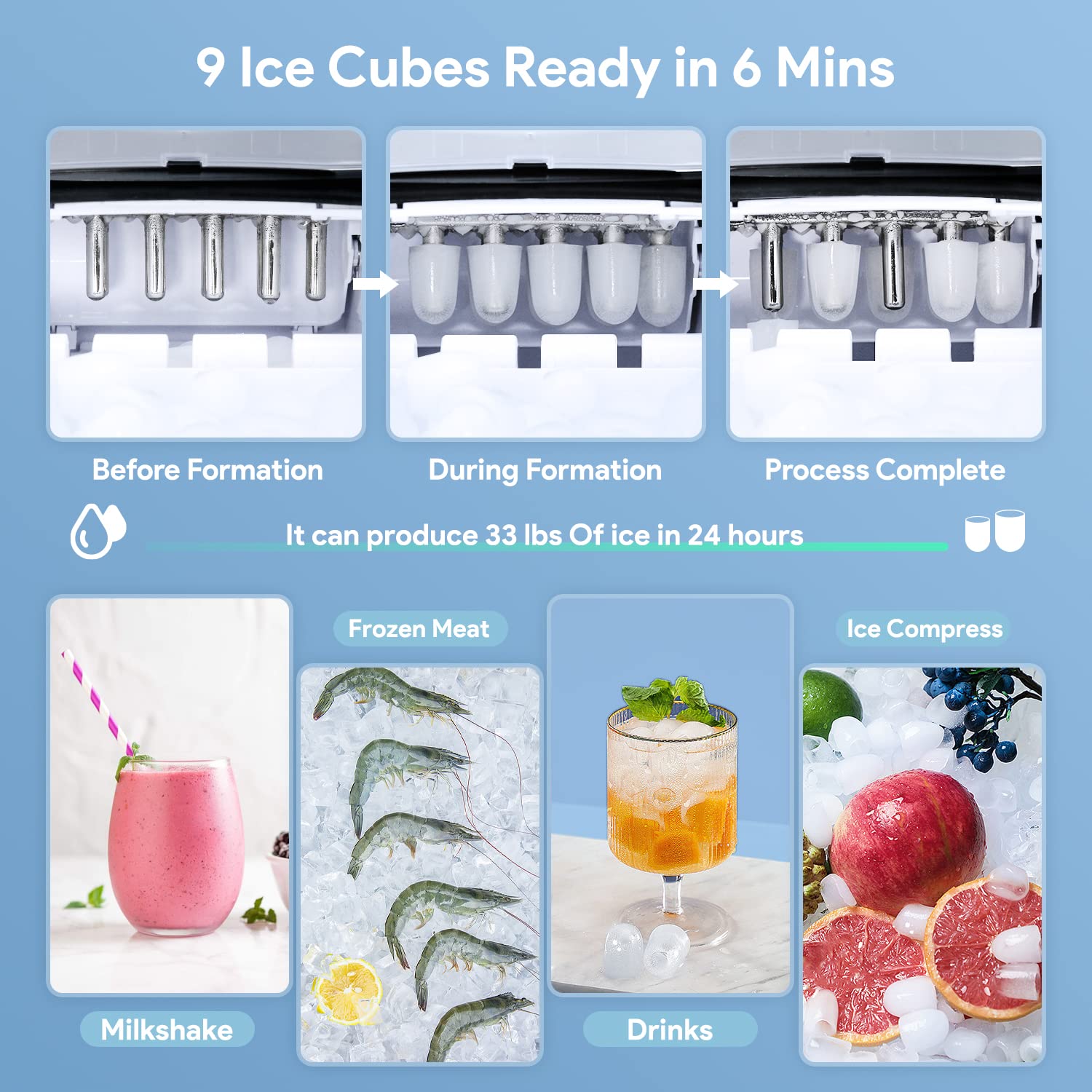 Ice Maker Machine For Countertop, Freezimer 33 Lbs/24hrs, 9 Cubes Ready In 6 Mins Self-Cleaning Electric Ice Machine With Ice Scoop And Basket For Home Kitchen Bar Party - Silver on Fridge.com - View 3