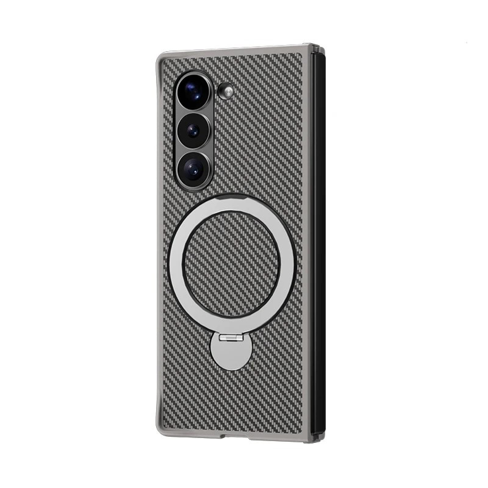 Coque Samsung Galaxy Z Fold5 en cuir et carbone gris avec support chic - 7