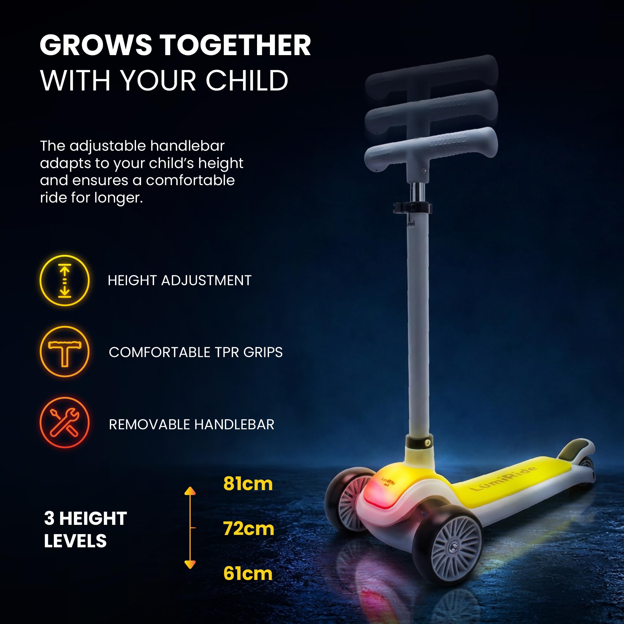 LUMI RIDE Monopattino bambino 3 anni Balance Tre Ruote LED, Pieghevole, Manubrio Regolabile, Freno a Pedale, Pedana Antiscivolo, Manubrio Removibile