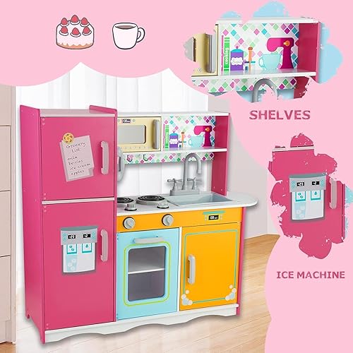 Miniatura 7 de Juego de cocina para niños de 3 a 8 años, cocina de madera para juegos de simulación, teléfono inclinado, máquina de hielo, refrigerador,