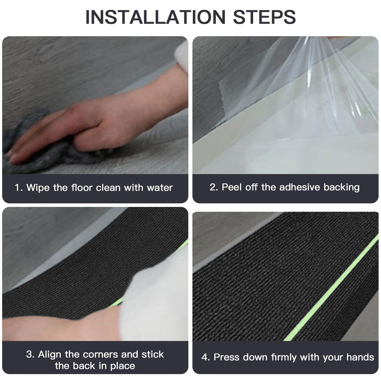 15 Stück Treppenmatten mit Glow in Dark Streifen, Treppenstufen Matten, 76 x 20 Treppenmatten Selbstklebend für Holztreppen, 100% Polyester TPE Rückseite Treppenteppich für Ältere, Haustiere (Schwarz)