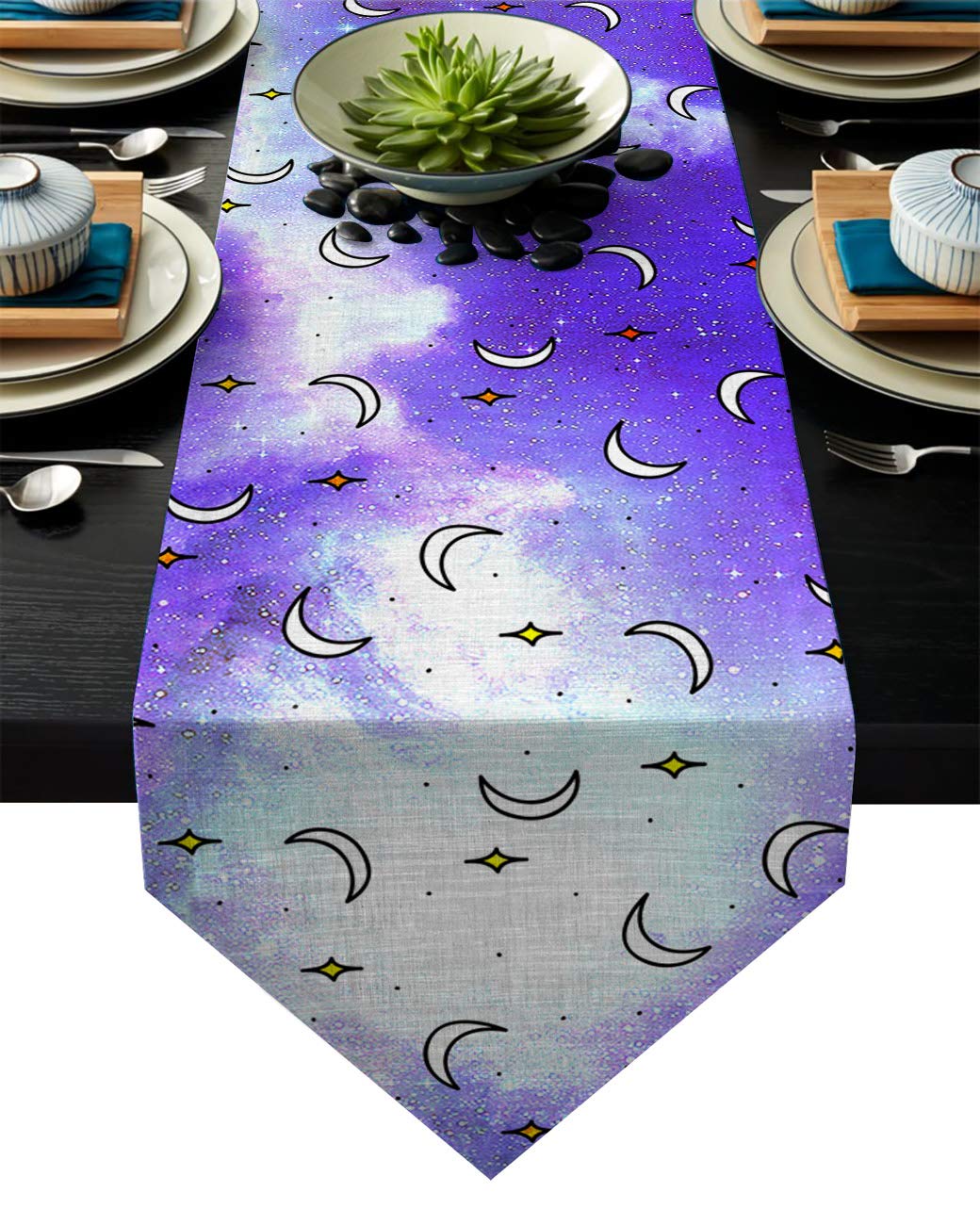 Fandim Fly Dining Table Runner 16 x 72 Inch, Starry Sky with Stars and Moons Pattern Table Runners for Morden Stylish Wedding Party Holiday Table Setting Decor