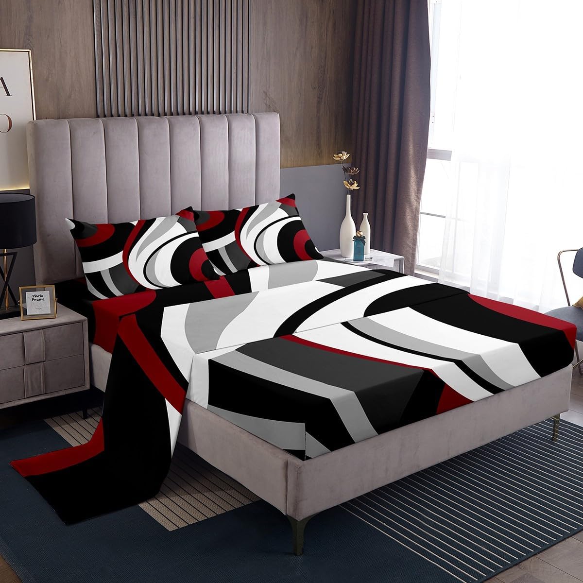 Red Black Stripes Sheet Sets Queen Size Abstract Circle Waves Bedding Sets Swirl Fitted Sheet 4pcs for Kids Teens Girls Women Room Decor Modern Grey White Top Flat Sheet,2 Pillowcases