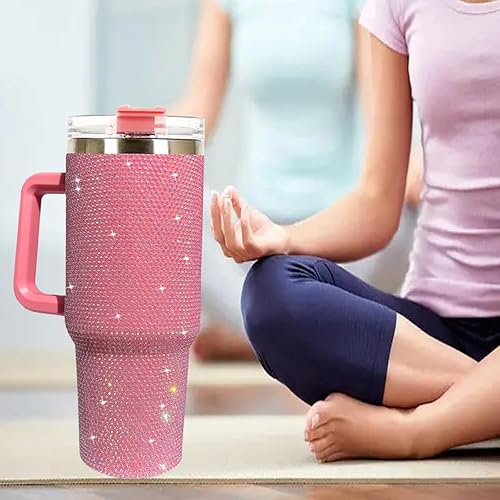 Miniatura 6 de Vaso brillante de 40 onzas con asa, vaso grande de diamantes de imitación con tapa, termo de acero inoxidable brillante, taza de viaje aislada al