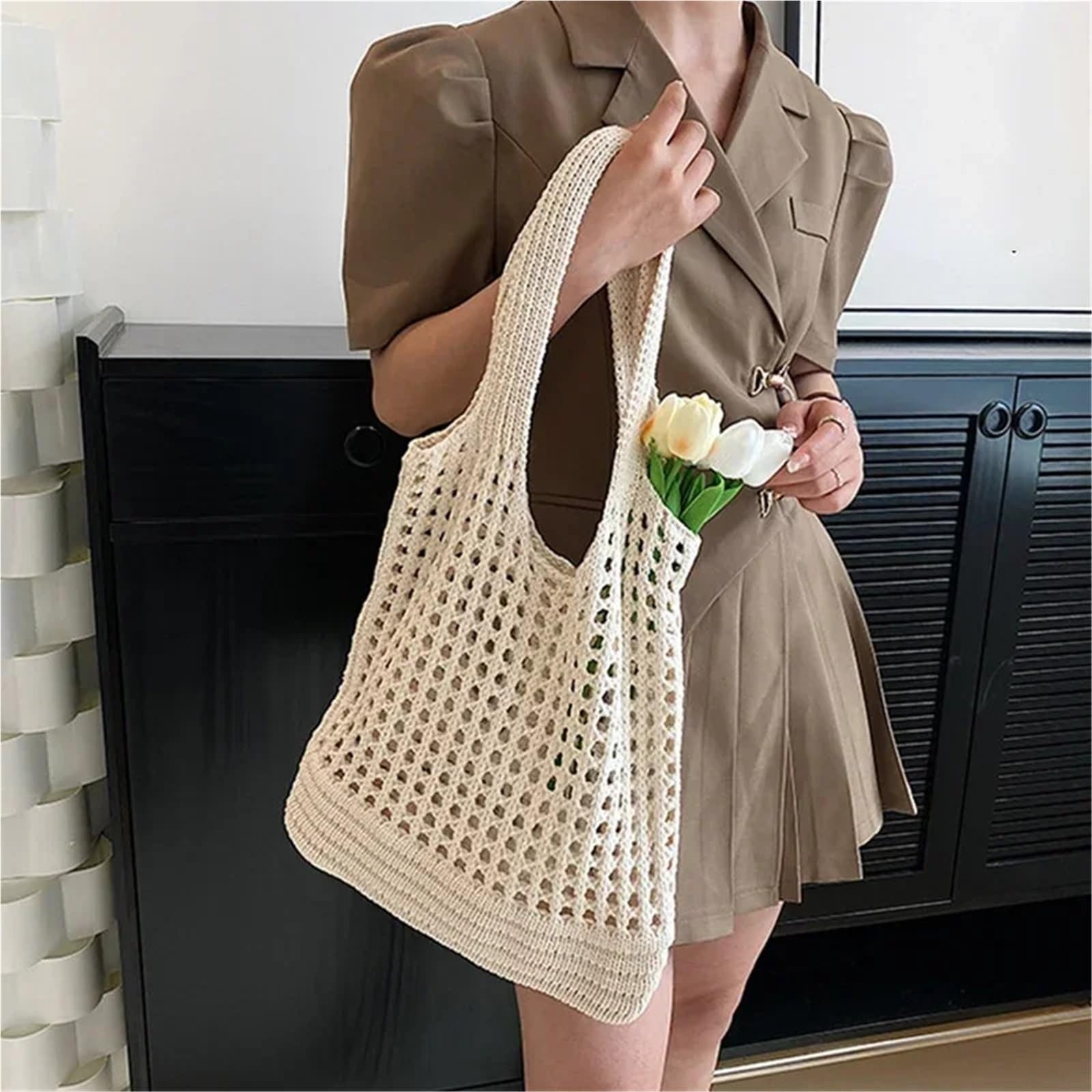 Bolsa De Ganchillo Bolso de Hombro Hueco de Punto for Mujer, Bolso de Compras de Ganchillo de Gran Capacidad, Bolso de Playa Informal for Vacaciones para Mujer(Khaki)