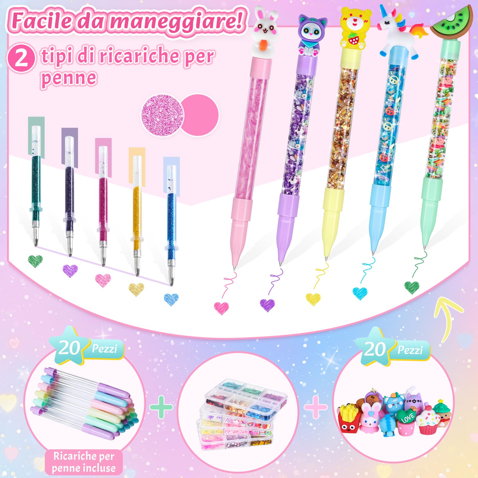 Kazzley Laboratorio delle Penne 73+ Pezzi, Fabbrica delle Penne crea 20 Penne Glitter, Lavoretti Creativi per Bambini 5-12 Anni, idee Regalo per Bambina 6 7 8 9 10 Anni per Feste di Compleanno