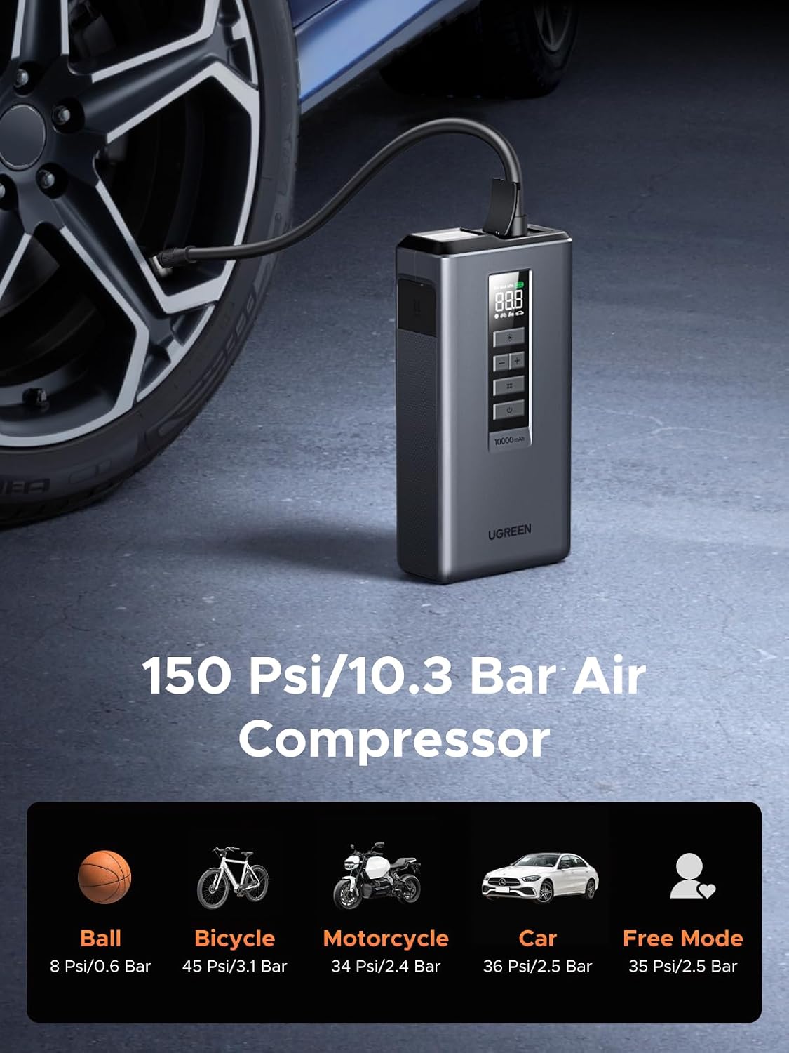 UGREEN Car Battery Jump Starter with Air Compressor 150PSI, Car Jumper Starter Portable (4L Gas/2.8L Diesel), Jump Box Car Battery with Auto-Shutoff Tire Inflator, Jumper Cables and Light