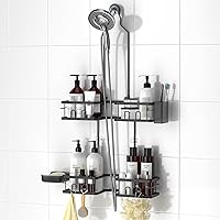 REINHARDT Adjustable Rustproof Shower Caddy for Handheld Showerheads - Hanging Organizer with Hooks, Soap & Toothbrush Holders, Black