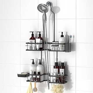 REINHARDT Adjustable Rustproof Shower Caddy for Handheld Showerheads - Hanging Organizer with Hooks, Soap & Toothbrush Holders, Black