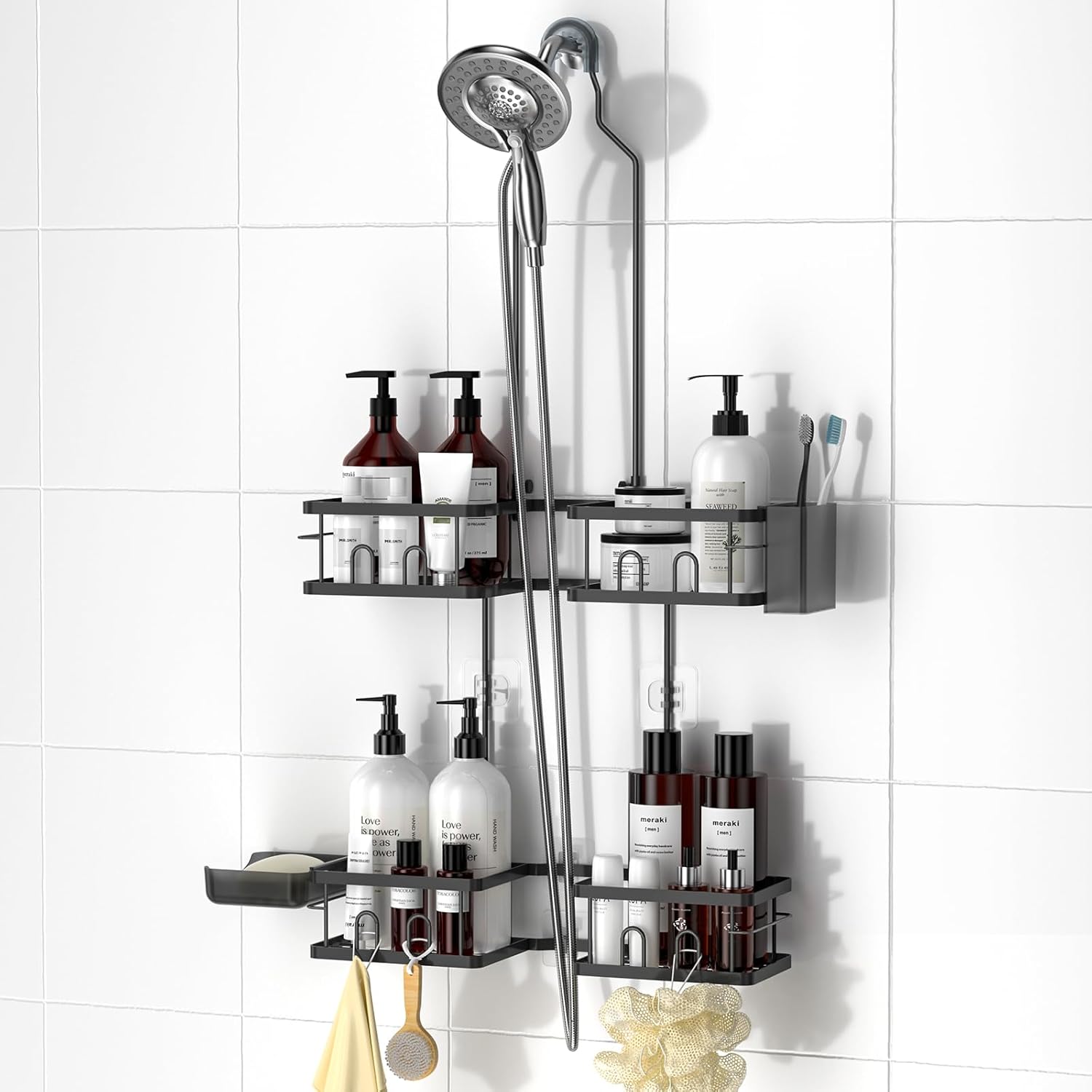 REINHARDT Adjustable Shower Caddy Hanging Rustproof Shower Caddy for Handheld Showerheads Shower Organizer with Hooks Soap Holder Toothbrush
