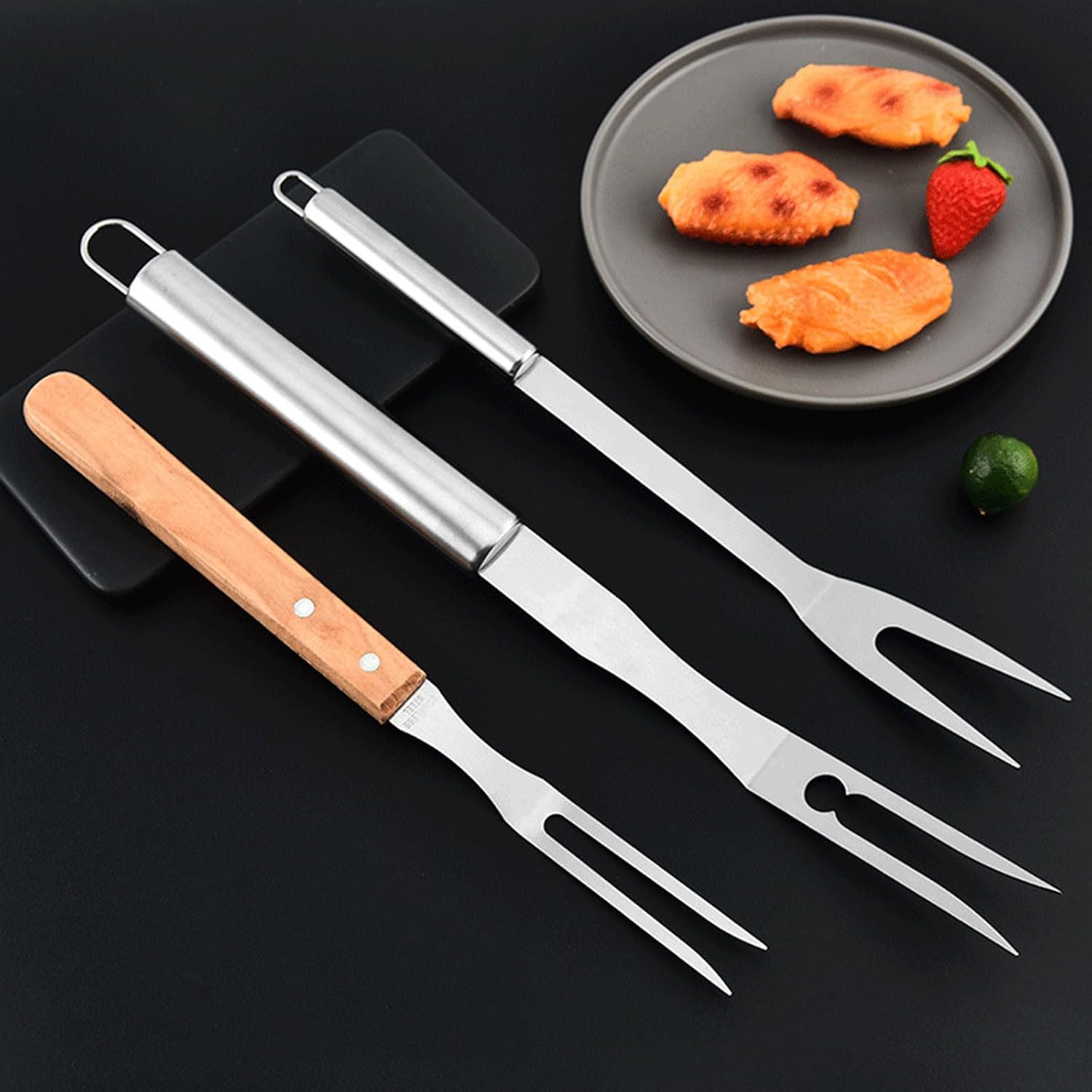 Mess Kit, Stainless Steel BBQ Serving Meat Fork Roasting Grilling Barbecue Carving Fork Cooking Fork Steak Clamp Fork