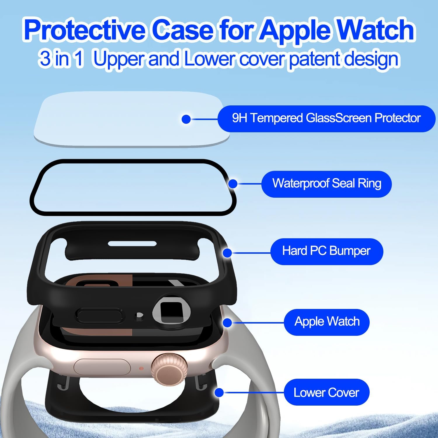 3 in 1 Waterproof Case for Apple Watch Screen Protector 46mm Series 10/Series 11,with Tempered Glass,[360° Protective Front and Back] PC Bumper Face Cover Compatible iWatch Accessories - Image 5