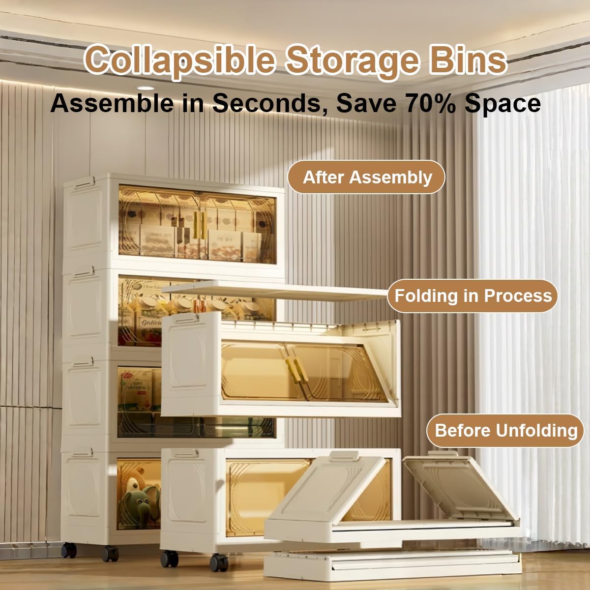5-Tier Stackable Storage Bins with Lids, 192QT Storage Cabinet with Wheels, Large Collapsible Storage Boxes Organizers and Storage for Home Office Dorm（Clear