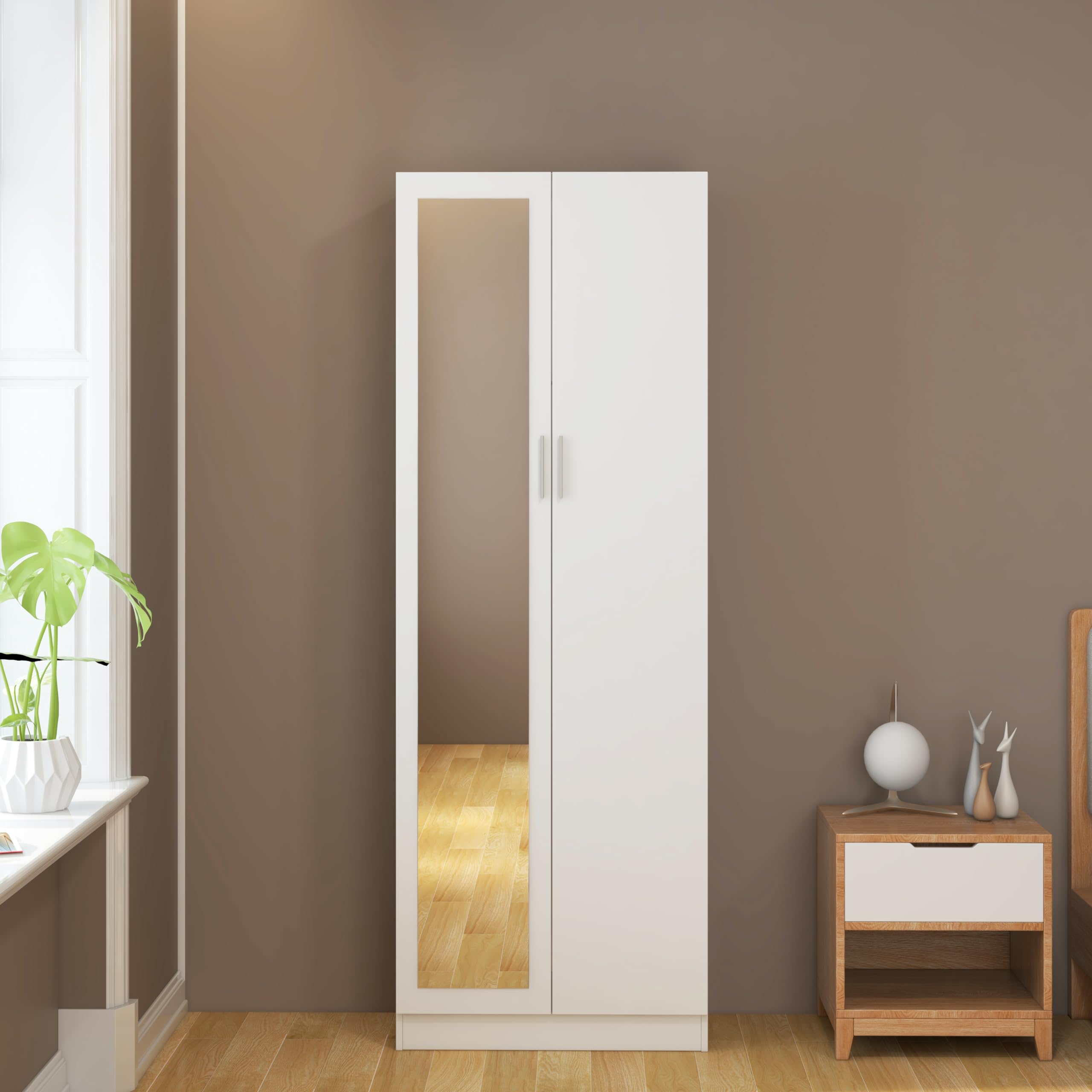 Panana 2 Doors Mirrored Wardrobe for Small Bedroom Bedroom Furniture Robe with 1 Storage Compartment, Hanging Rail, 72 x 47 x 170 cm (White)