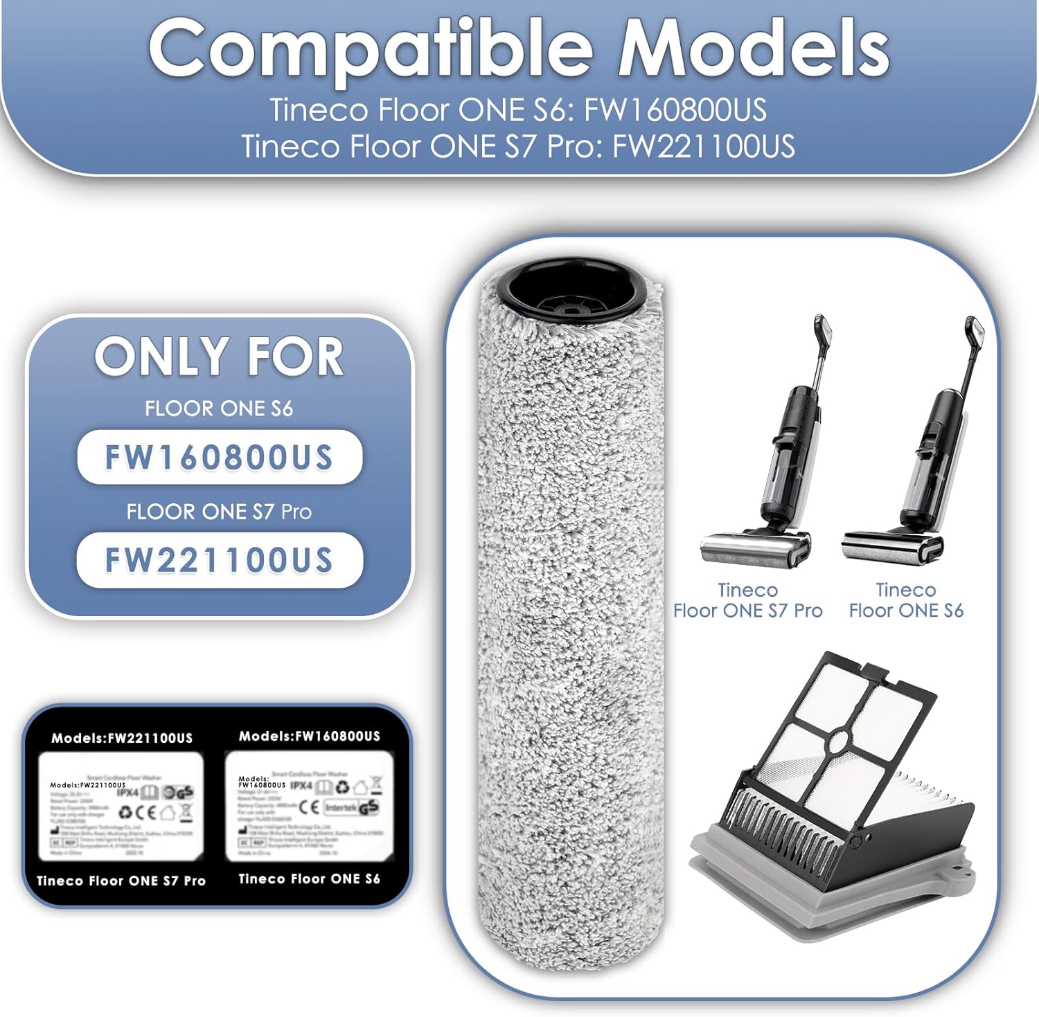 【Version 2, Detachable】(4 Pack) S7 Pro Brush Rollers and HEPA Filters Compatible With Tineco Floor One S7 Pro, Floor One S6 Wet Dry Vacuum Cleaner (Excluding Handle)